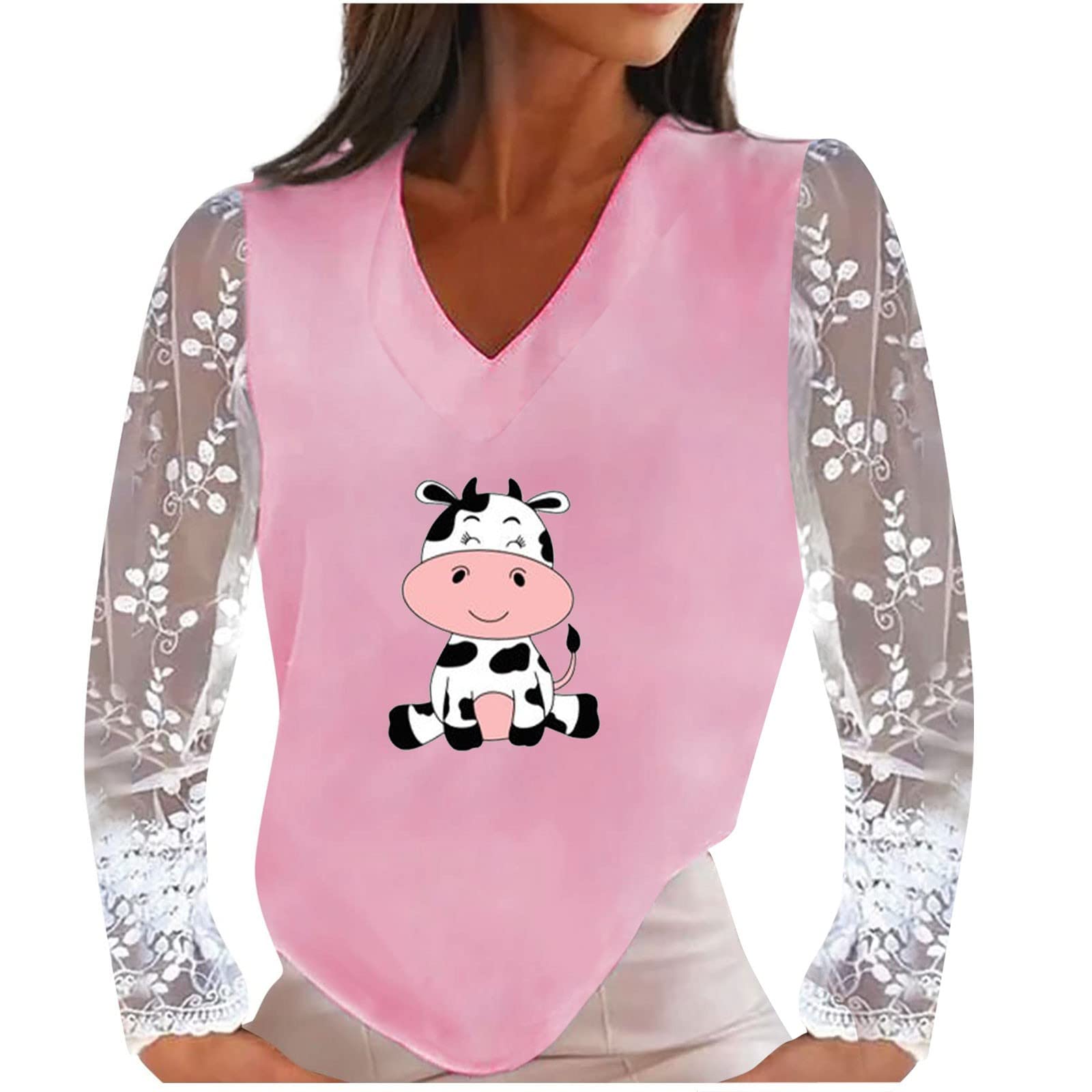 Women's Roll Sleeve V-Neck Blouse Pullover - Casual Printed Hollowed Tunic Shirt with Lace Patchwork & Oversized Fit | Perfect for Work, Date Night & Everyday Wear