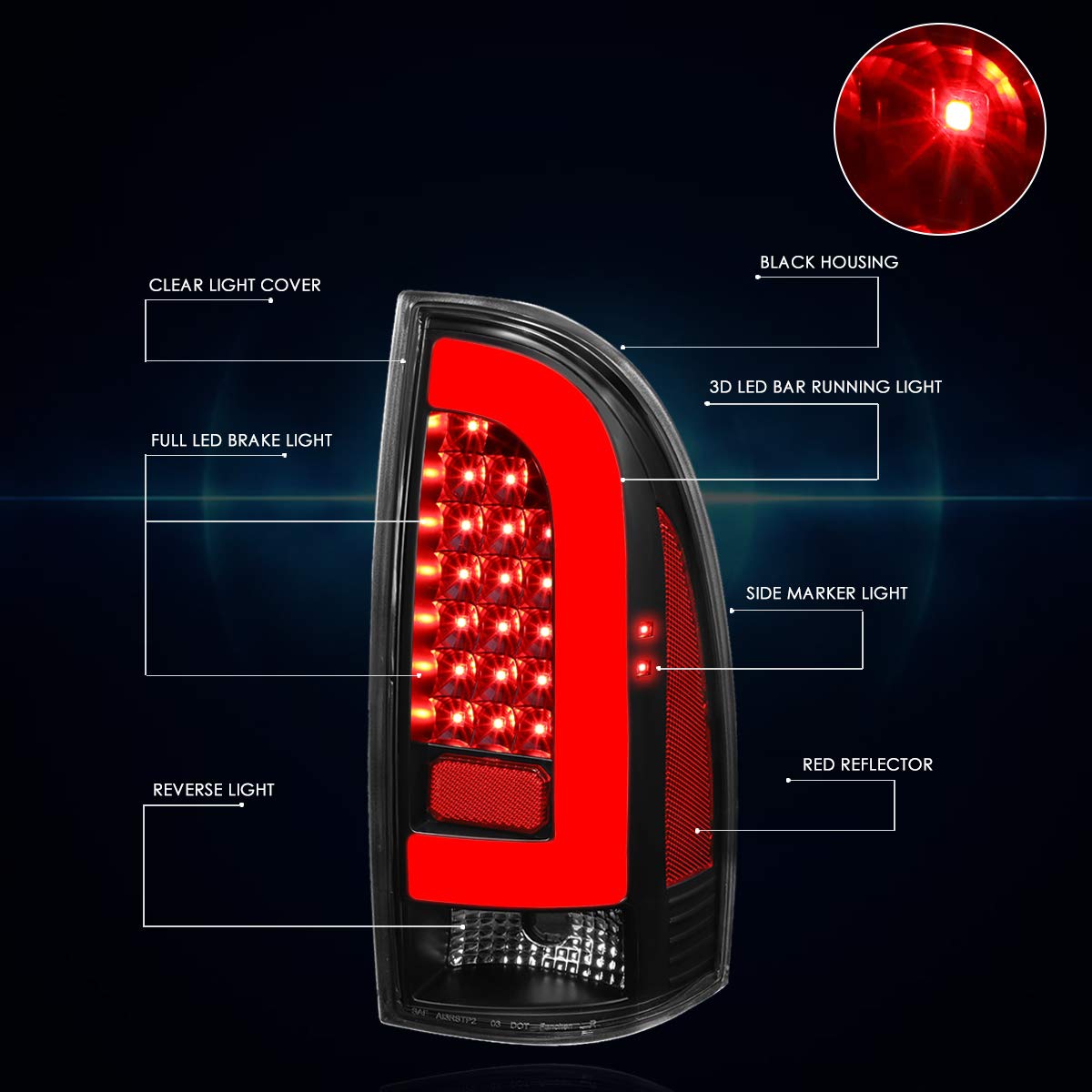 PM PERFORMOTOR 3D LED Tube Bar Tail Lights Brake Lamps Assembly - Compatible with Toyota Tacoma 2005-2015 (Black Housing/Clear Lens) - Enhanced Visibility & Style for Off-Roading & Night Driving