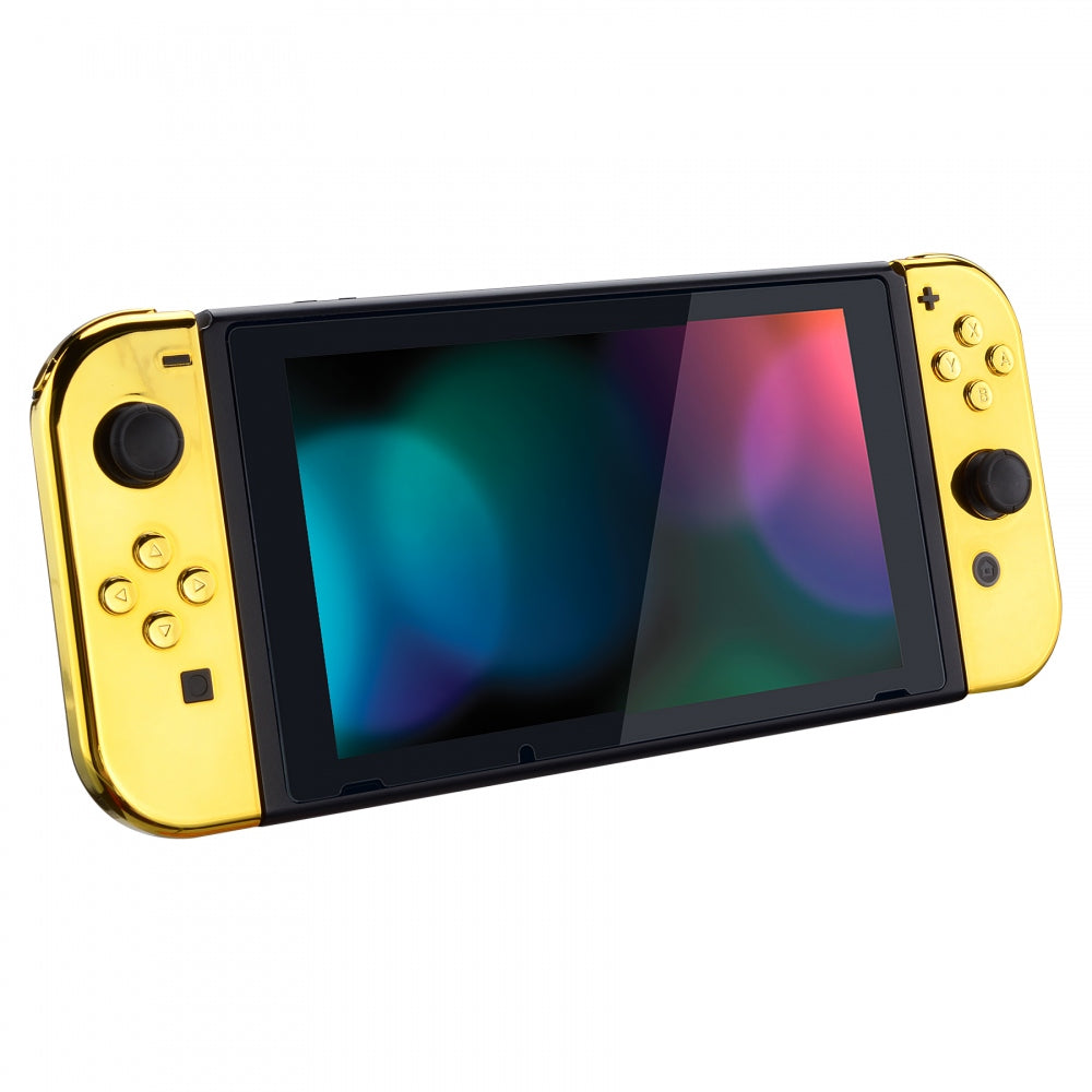 eXtremeRate Chrome Gold Nintendo Switch Joycon Controller Shell - Full Set DIY Replacement Back Plate with Buttons for Handheld Gaming | Perfect for Custom Mods & Console Upgrades