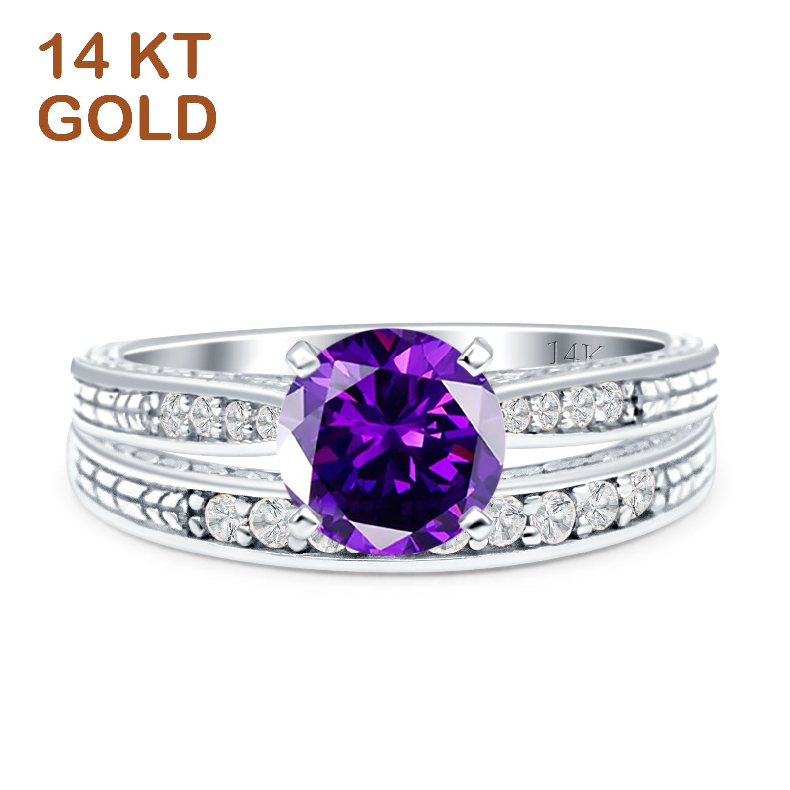 14K White Gold Round Two Piece Amethyst Cubic Zirconia Bridal Ring Set for Engagement, Wedding, Anniversary - Elegant Jewelry Gift for Her