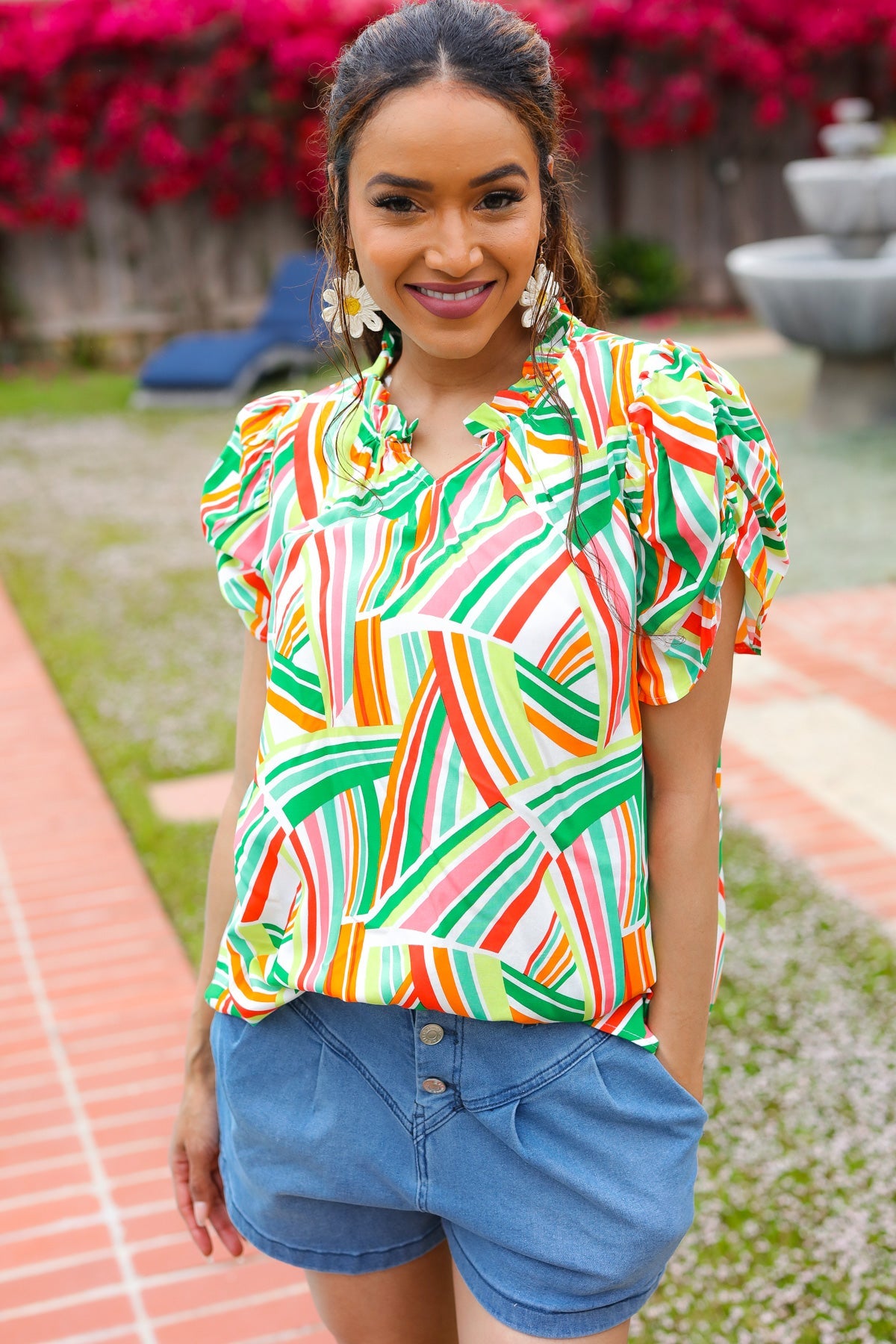 Stylish Green & Orange Geo Print Frill Notch Neck Puff Sleeve Blouse - Trendy Women's Fashion Top for Casual Outings & Date Nights