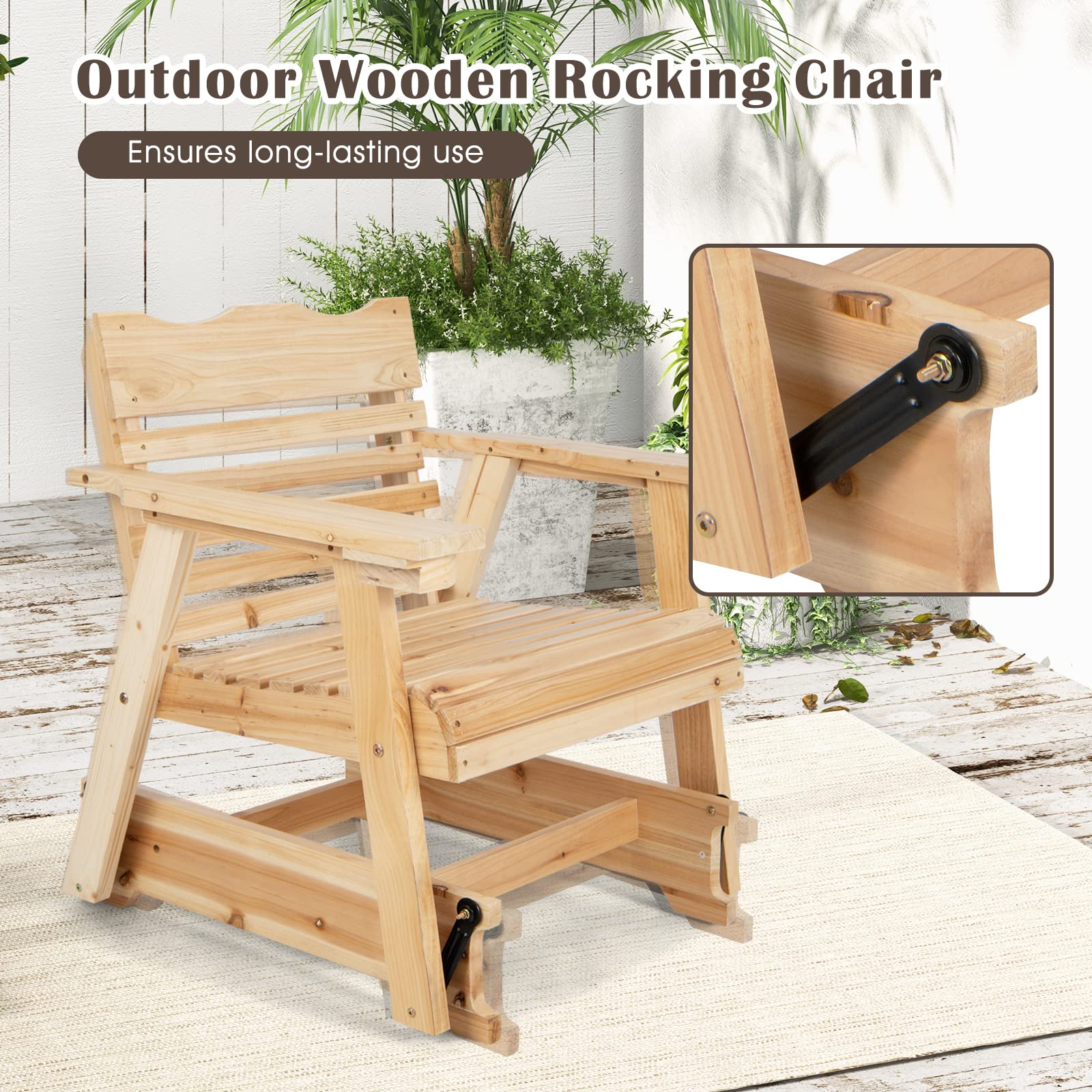 Giantex Outdoor Glider Rocking Chair Set of 2 - High Back Wooden Porch Swing with Wide Armrests, Curved Seat & Rotating Cup Holder - Perfect for Patio, Garden, Balcony, Poolside Relaxation (Natural Finish) - Ideal for Lounging, Reading, and Enjoying Outdoor Breezes