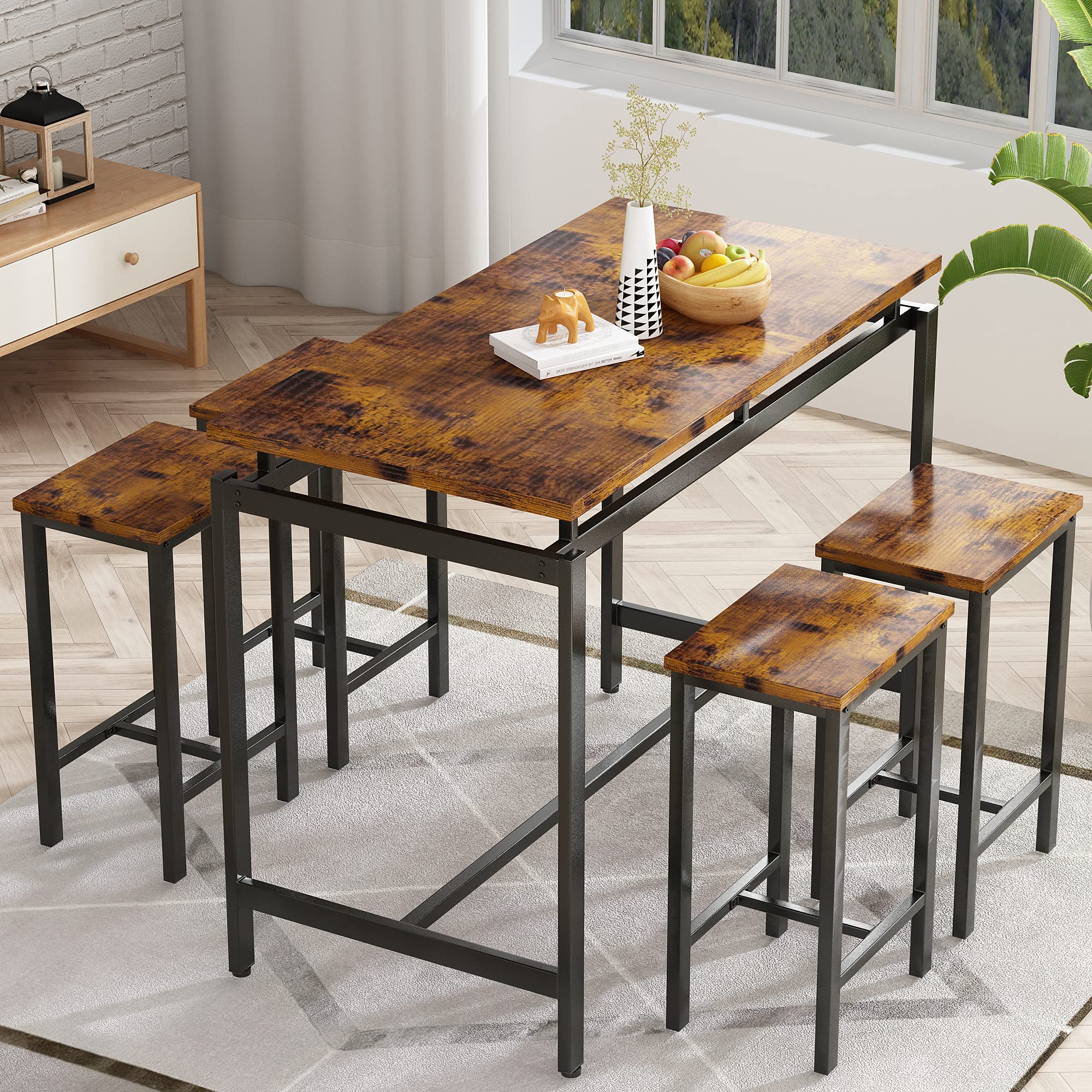 Industrial Bar Table and Stools Set - Rustic Brown Rectangle Counter Height Dining Table with 4 Chairs for Kitchen, Breakfast Nook, Restaurant & Small Spaces | Perfect for Apartments, Cafes & Compact Homes