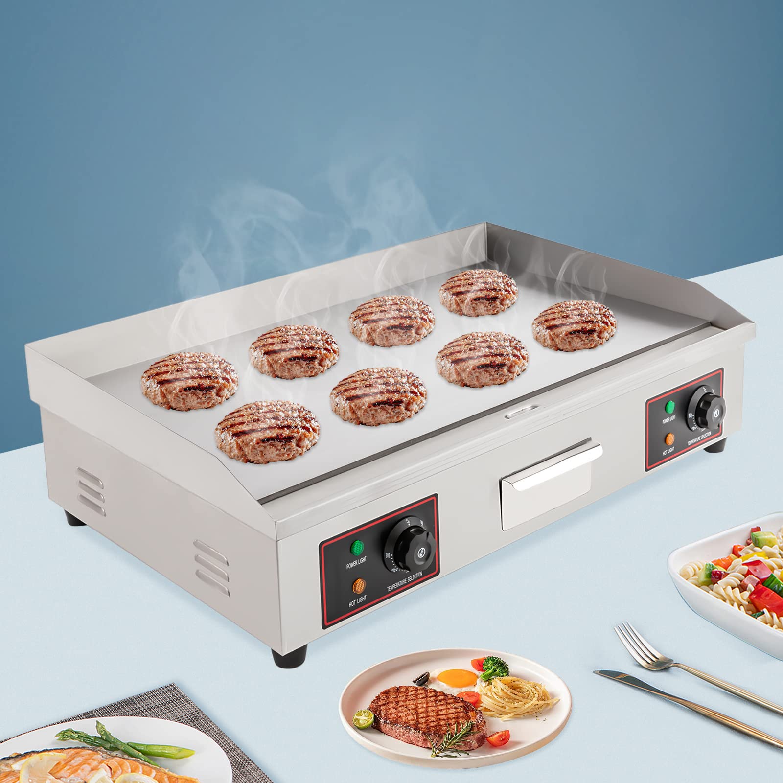 Commercial 3000W Electric Griddle - 110V Stainless Steel Flat Top Grill with Adjustable Temperature Control (122-572°F) - Heavy Duty Countertop Griddle for Restaurant, Kitchen, Food Truck & Catering - Perfect for Pancakes, Burgers, Steaks & Large Batch Cooking