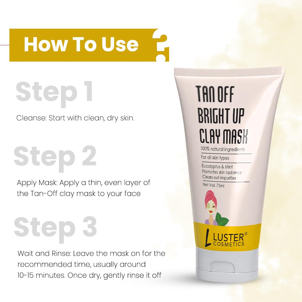 Luster Cosmetics Brightening Clay Mask for Glowing Skin - Tan Removal & Deep Pore Cleansing Facial Treatment (75ml) | Perfect for Post-Sun Care & Weekly Detox Routine