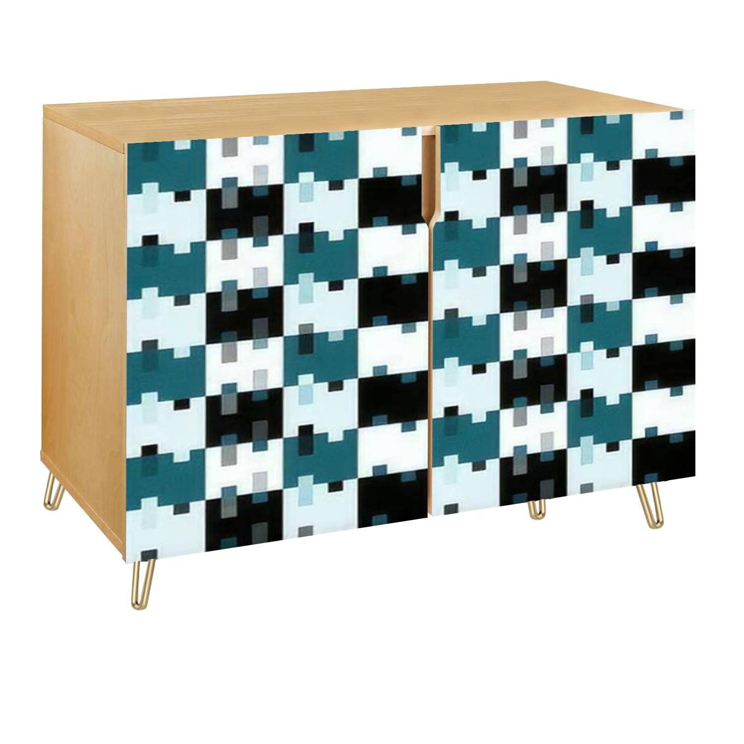 Blue and White Mosaic Checkerboard Wooden Accent Cabinet - 2 Door Storage Sideboard for Living Room, Kitchen, Hallway | TV Stand, Bar Cabinet, Entryway Furniture for Home Decor