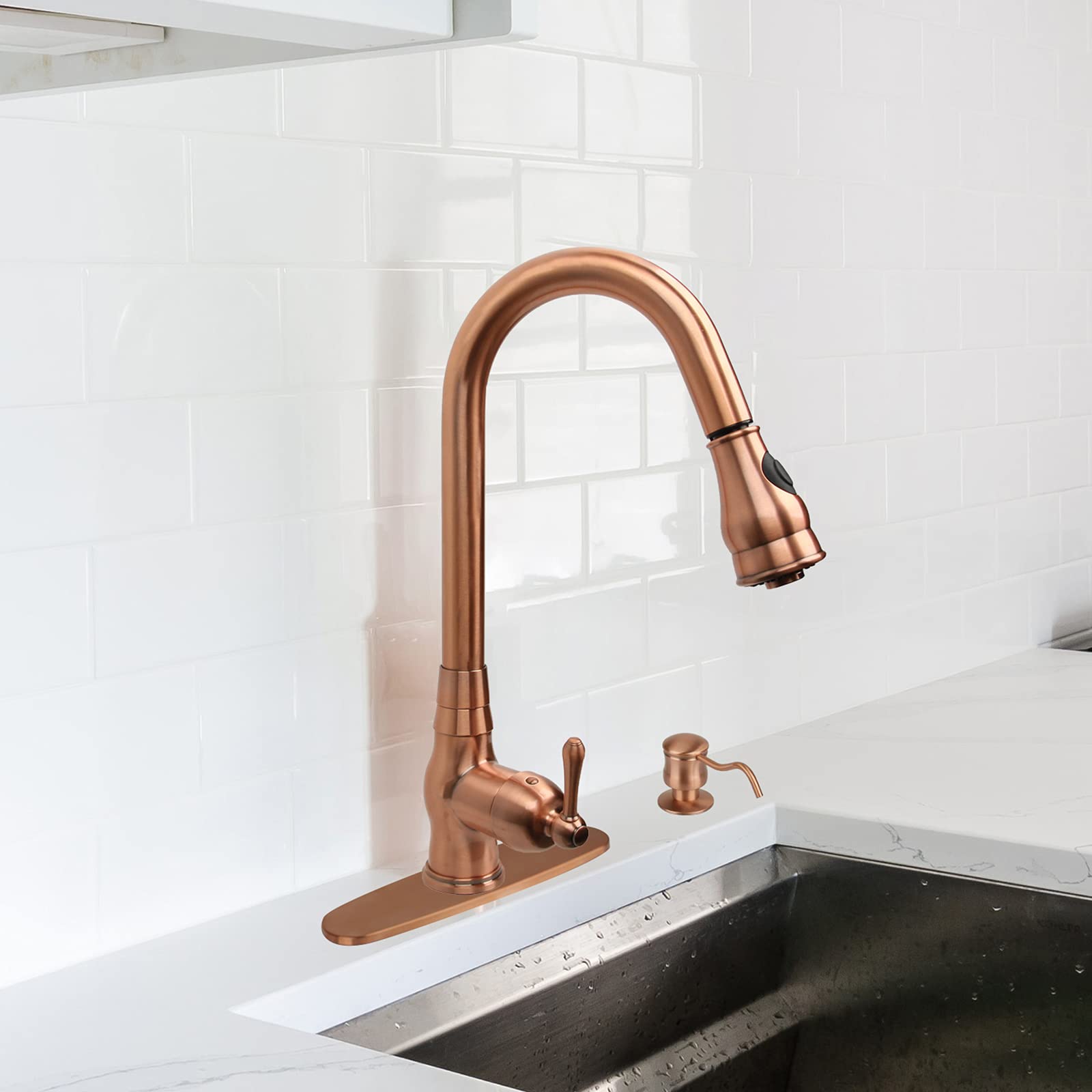 Akicon Copper Kitchen Faucet with Soap Dispenser - Single Handle Solid Brass High Arc Pull Down Sprayer Head - Deck Plate Included - Perfect for Modern Farmhouse & Industrial Style Kitchens