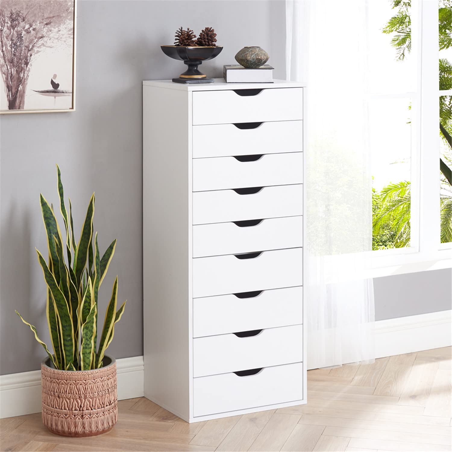 Naomi Home 9-Drawer Tall Dresser for Bedroom & Closet - White | Heavy Duty 200 lbs Capacity Makeup Vanity with Storage Shelves | Perfect for Organizing Clothes, Cosmetics & Accessories in Small Spaces