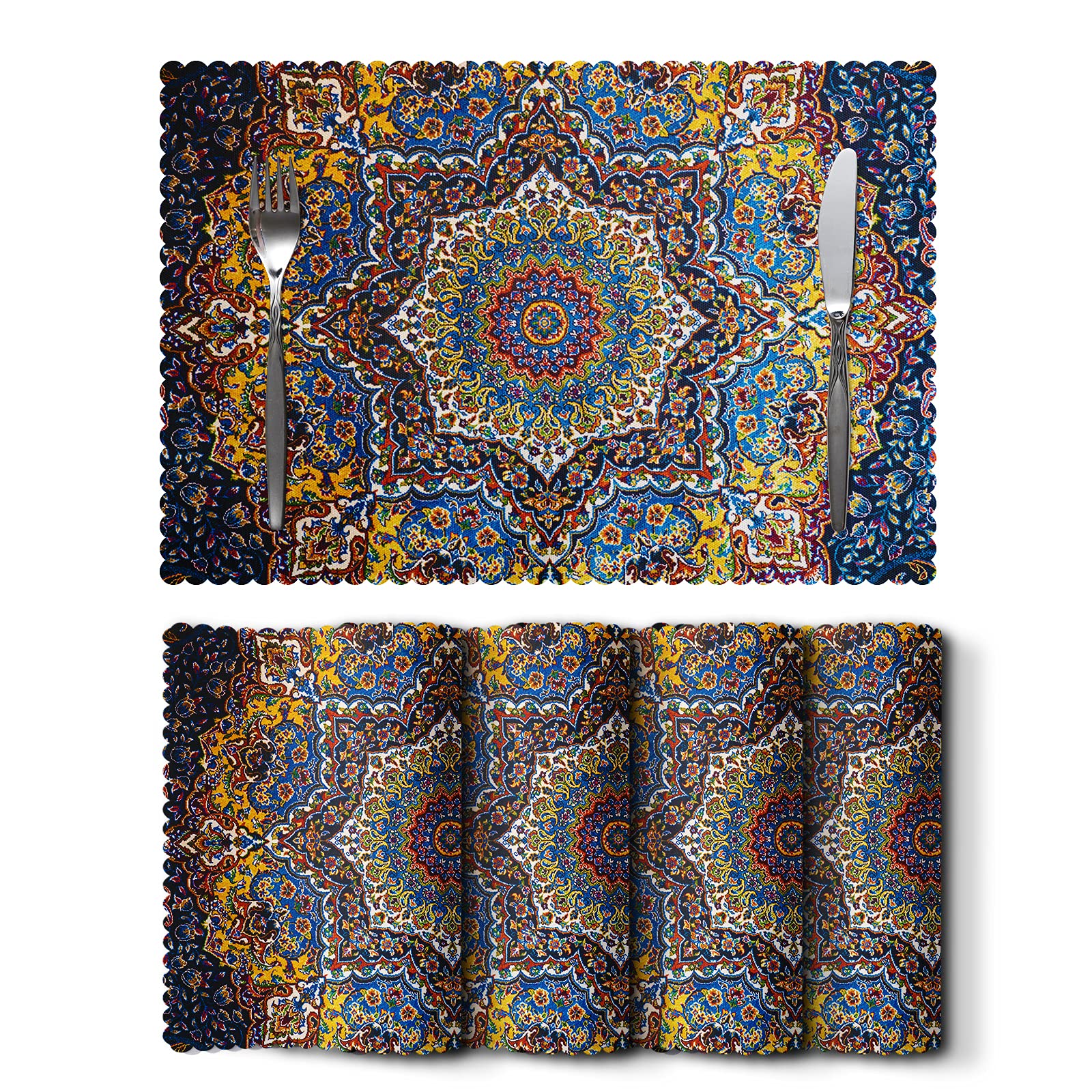 Vintage Bohemian Floral Mandala Placemats Set of 4 - Washable & Heat Resistant Farmhouse Style Table Mats for Kitchen Dining, Ramadan, Ethnic Decor - Perfect for Indoor Boho Home Decor and Dinner Parties