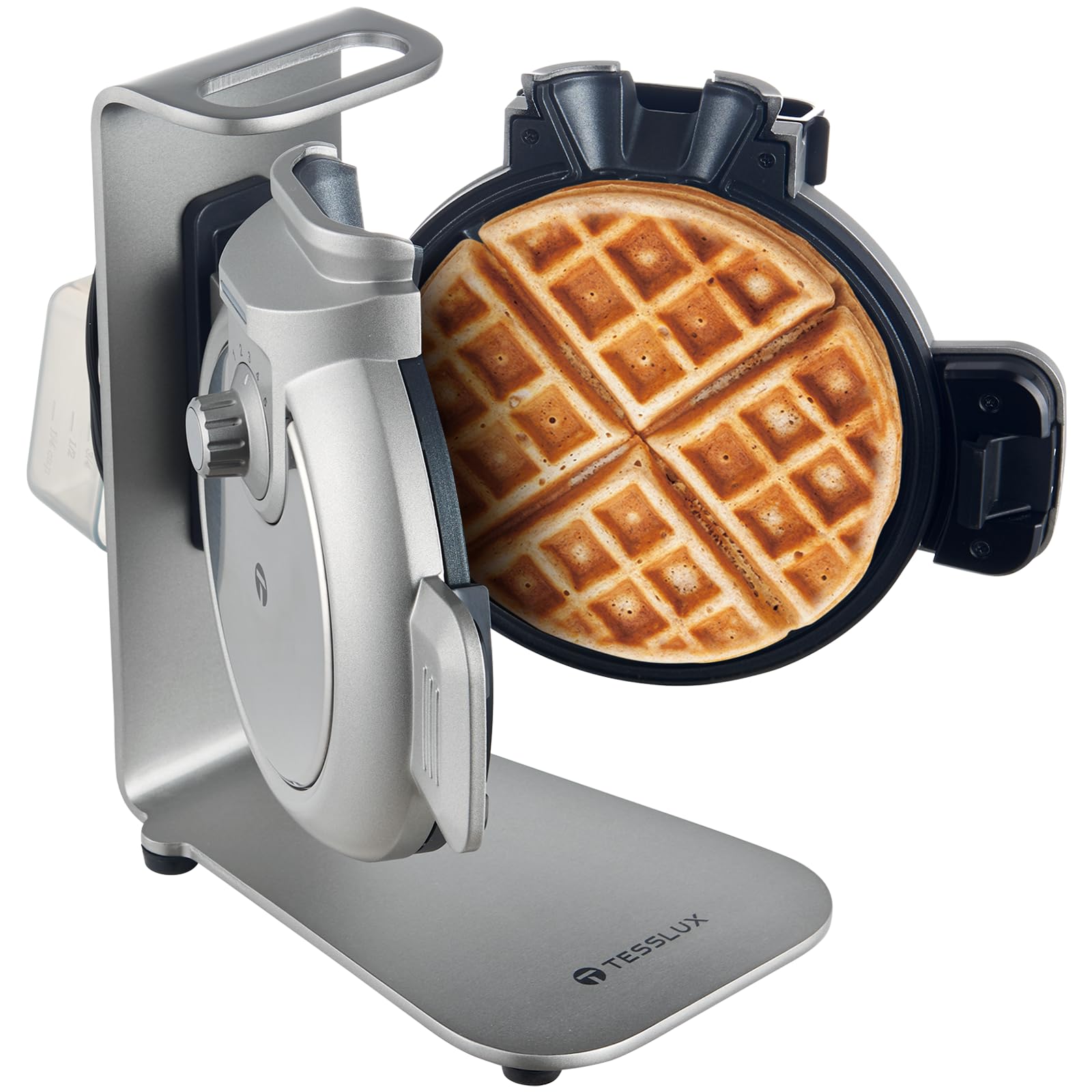 Vertical Belgian Waffle Maker with Non-Stick Plates - 800W Electric Waffle Iron with 5 Browning Settings & Precision-Pour Cup - Silver - Perfect for Breakfast, Brunch, and Family Gatherings