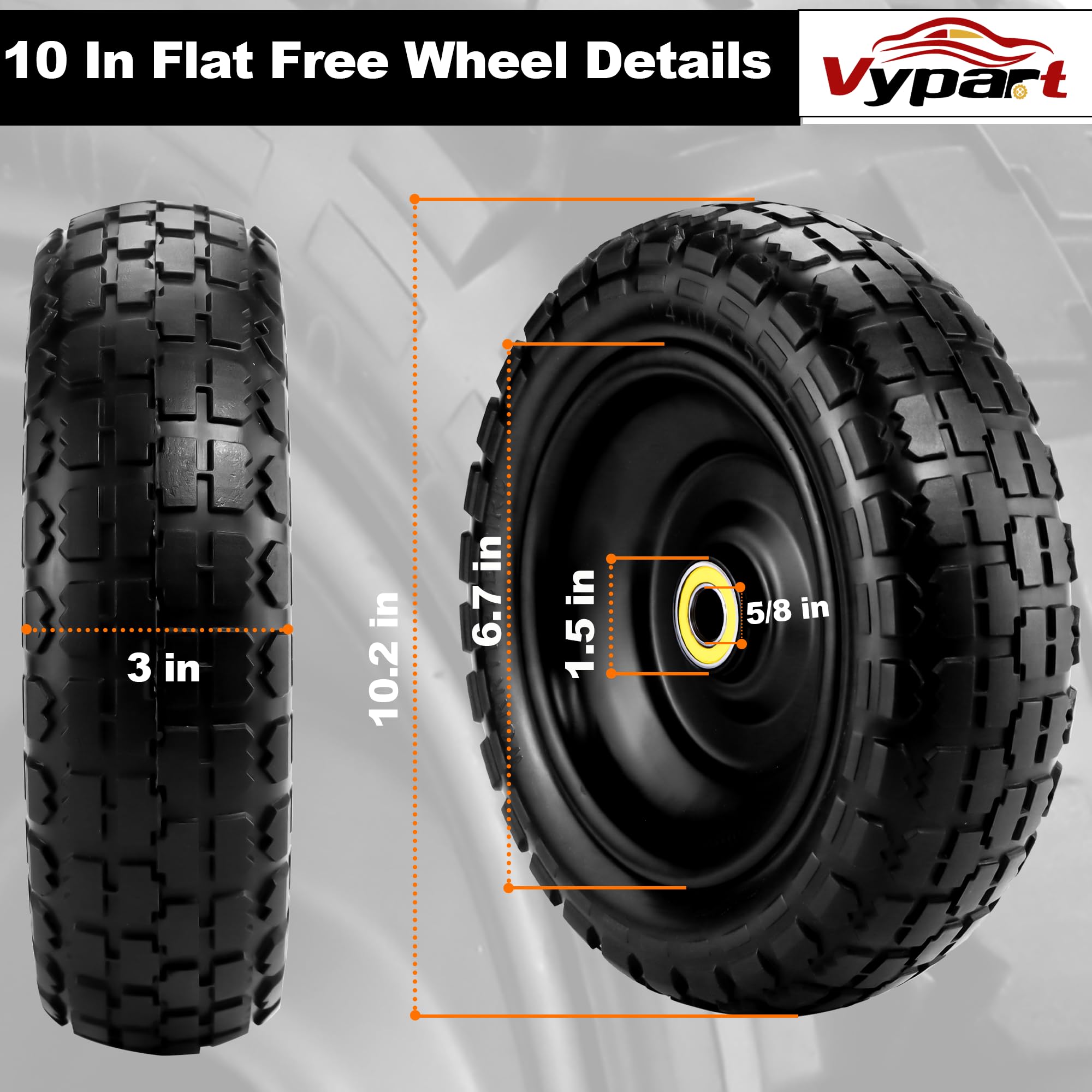 10 Inch Flat Free Rubber Tire and Wheel Set for Gorilla Cart - 4.10/3.50-4 Solid Tires with 5/8