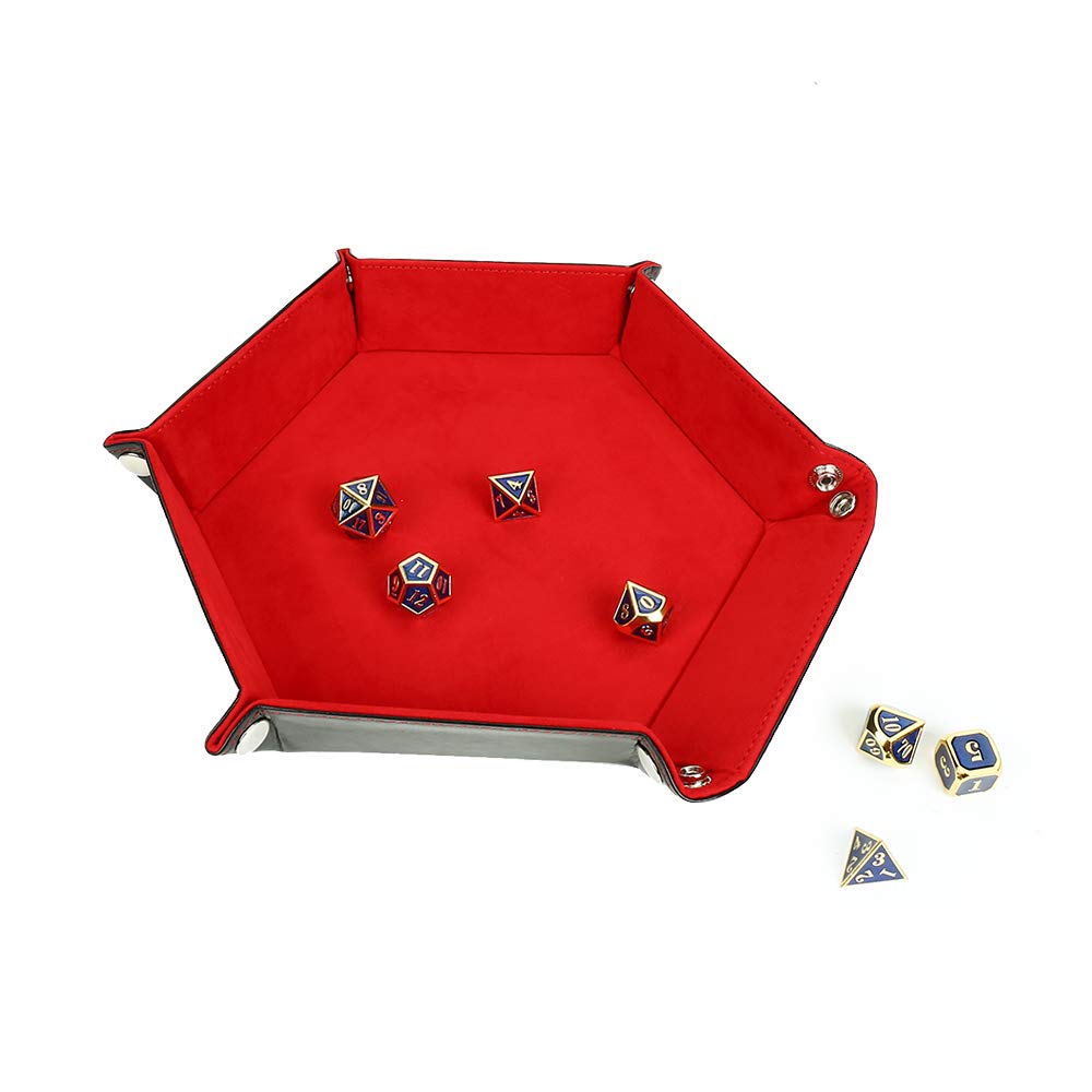 Premium Metal Dice Rolling Tray - Double Sided Folding PU Leather Storage Box for RPG, DND & Tabletop Games (Red) | Portable Game Accessory for Dungeons & Dragons, MTG, Board Game Nights