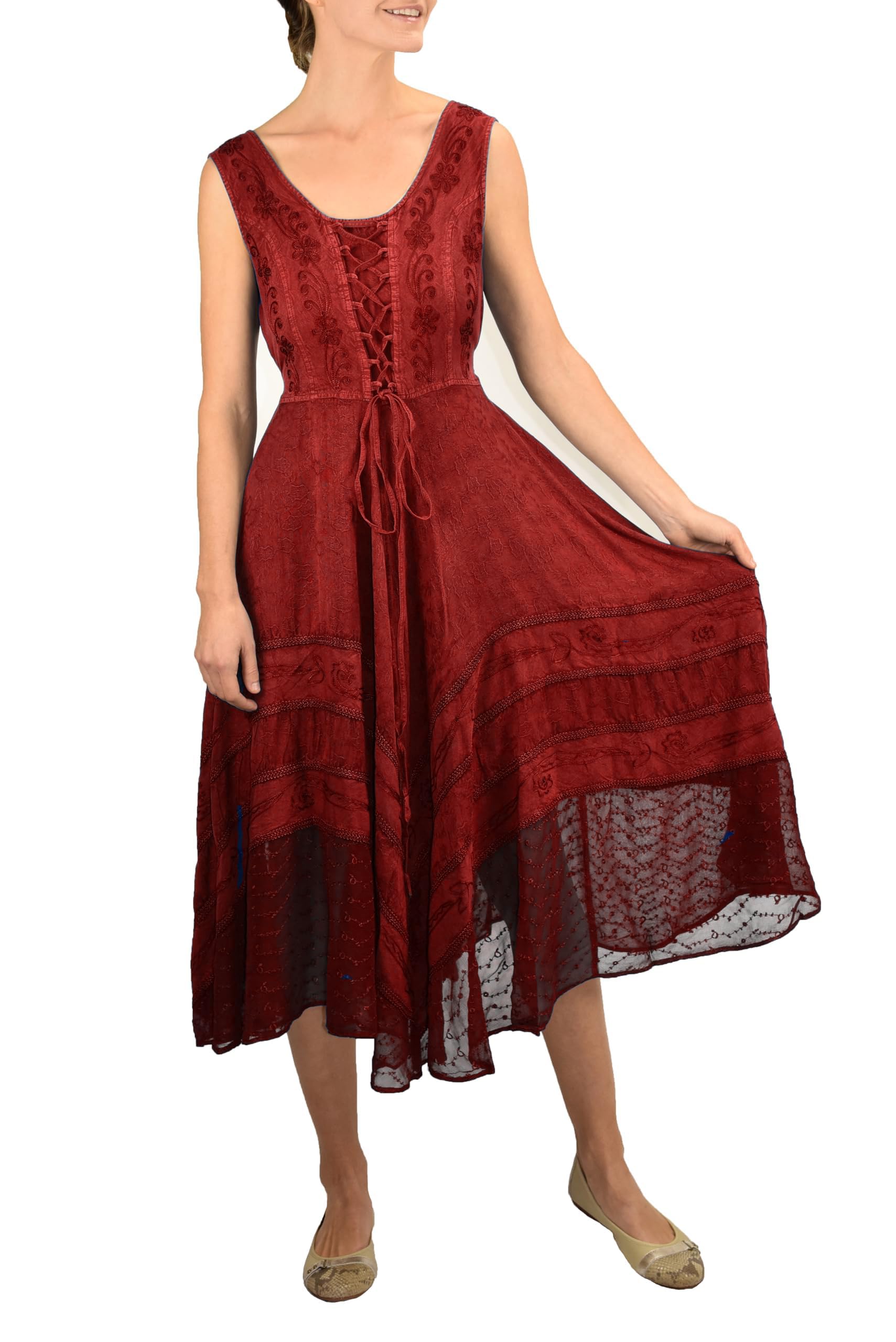 Agan Traders Women's Gothic Corset Smocked Maxi Dress 2025 - Sleeveless Embroidered Summer Dress for Women, Calf Length Twirl Dress for Spring & Summer, Perfect for Parties, Weddings & Date Nights
