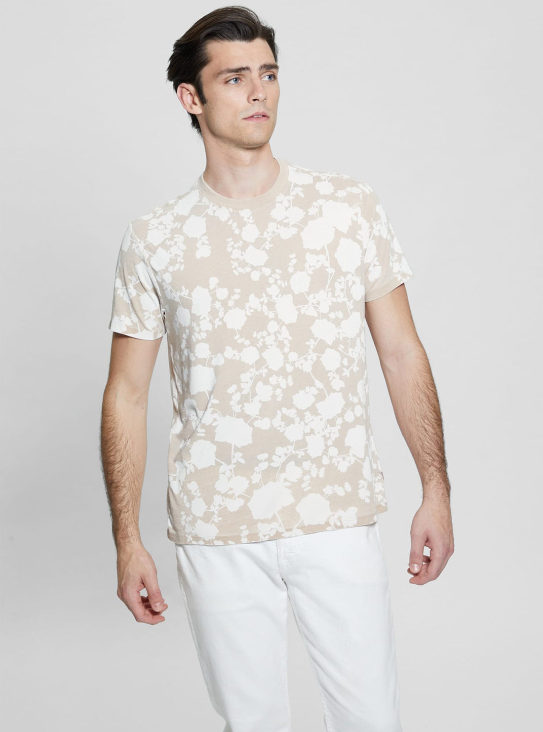 Eco-Friendly Beige Floral Burnout T-Shirt for Women - Soft Vintage Style Cotton Top for Casual Wear & Summer Outfits