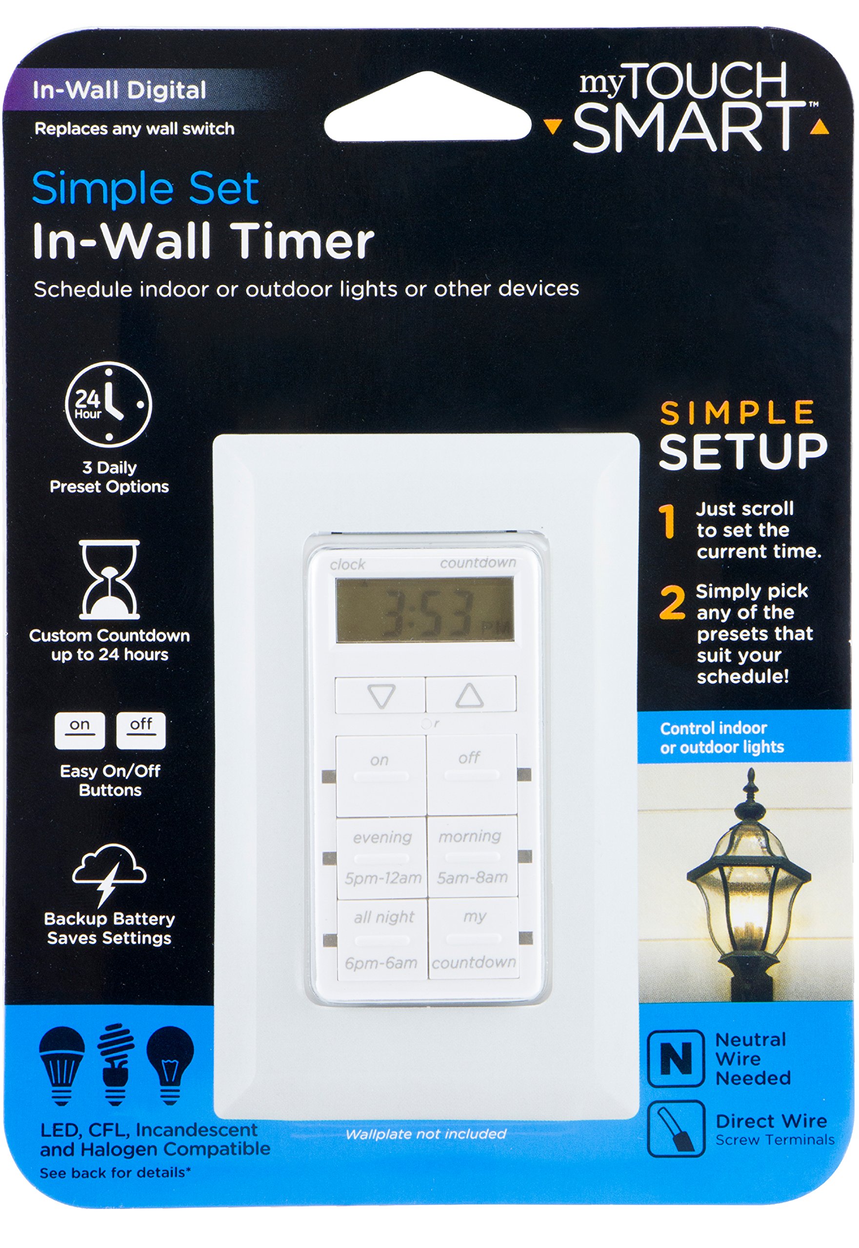 myTouchSmart In-Wall Digital Countdown Timer - 2 Easy On/Off Buttons, 3 Daily Presets, Custom Countdown Mode with Blue LED Indicators & Battery Backup - Perfect for Indoor/Outdoor Lights, Fans, Holiday Decorations & Home Automation (Model 25055, White)