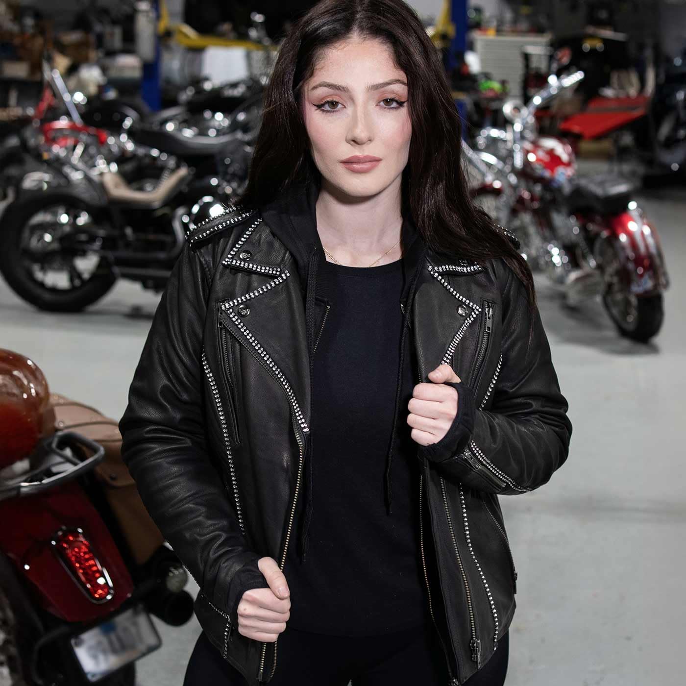 Milwaukee Leather MLL2503 Women's Black Bedazzled Leather Moto Jacket with Hood - Stylish Biker Jacket for Riding & Fashion Outfits
