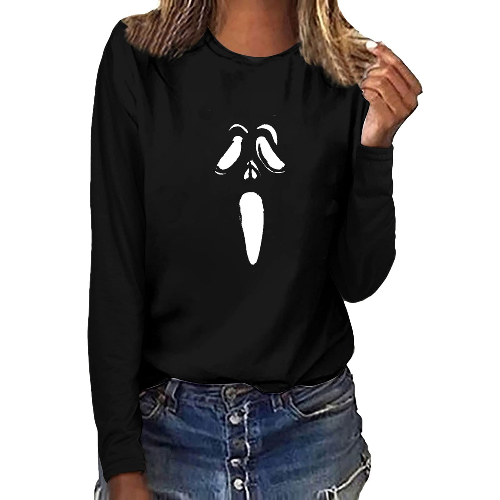 Halloween Shirts for Women - Funny Graphic Long Sleeve T-Shirts, Fall Pullover Crewneck Basic Tops | Cute Costume Party Outfit, Spooky Season Casual Wear