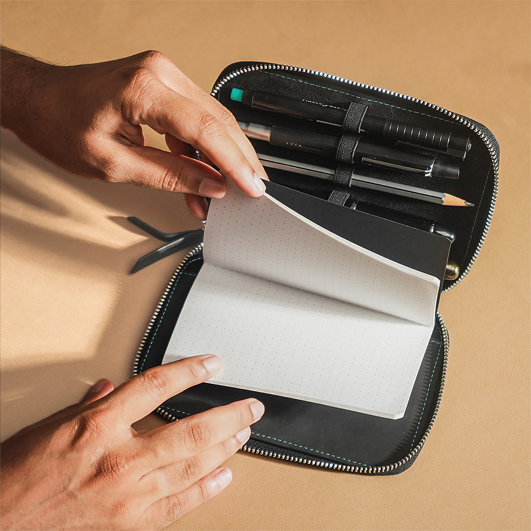 Premium Leather Adjustable 5 Pen Pouch - Black - Perfect for Office, School & Travel Organization