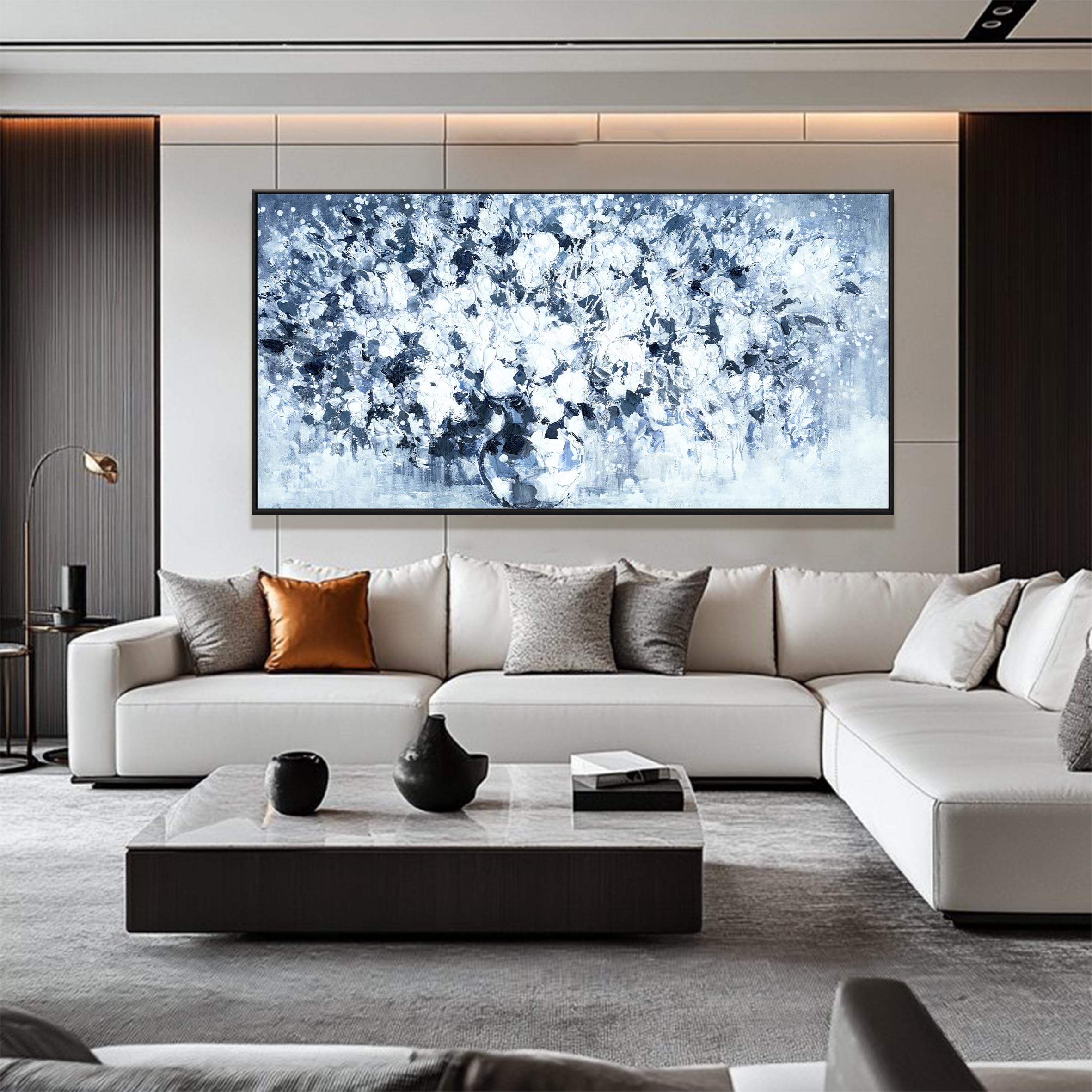 Large Canvas Wall Art Decor - Blue and White Floral Framed Wall Pictures for Living Room, Bedroom, Office, Kitchen - 29 x 58 Inch Home Wall Decor