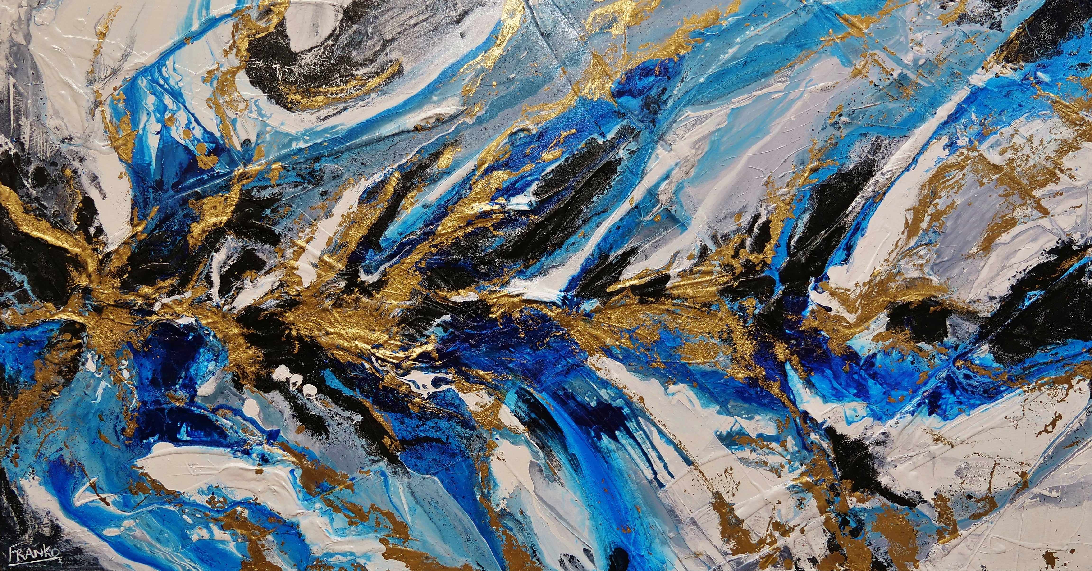 Golden Blue Silk 190cm x 100cm Abstract Textured Painting - Blue Gold Grey Modern Wall Art for Living Room, Bedroom & Office Decor