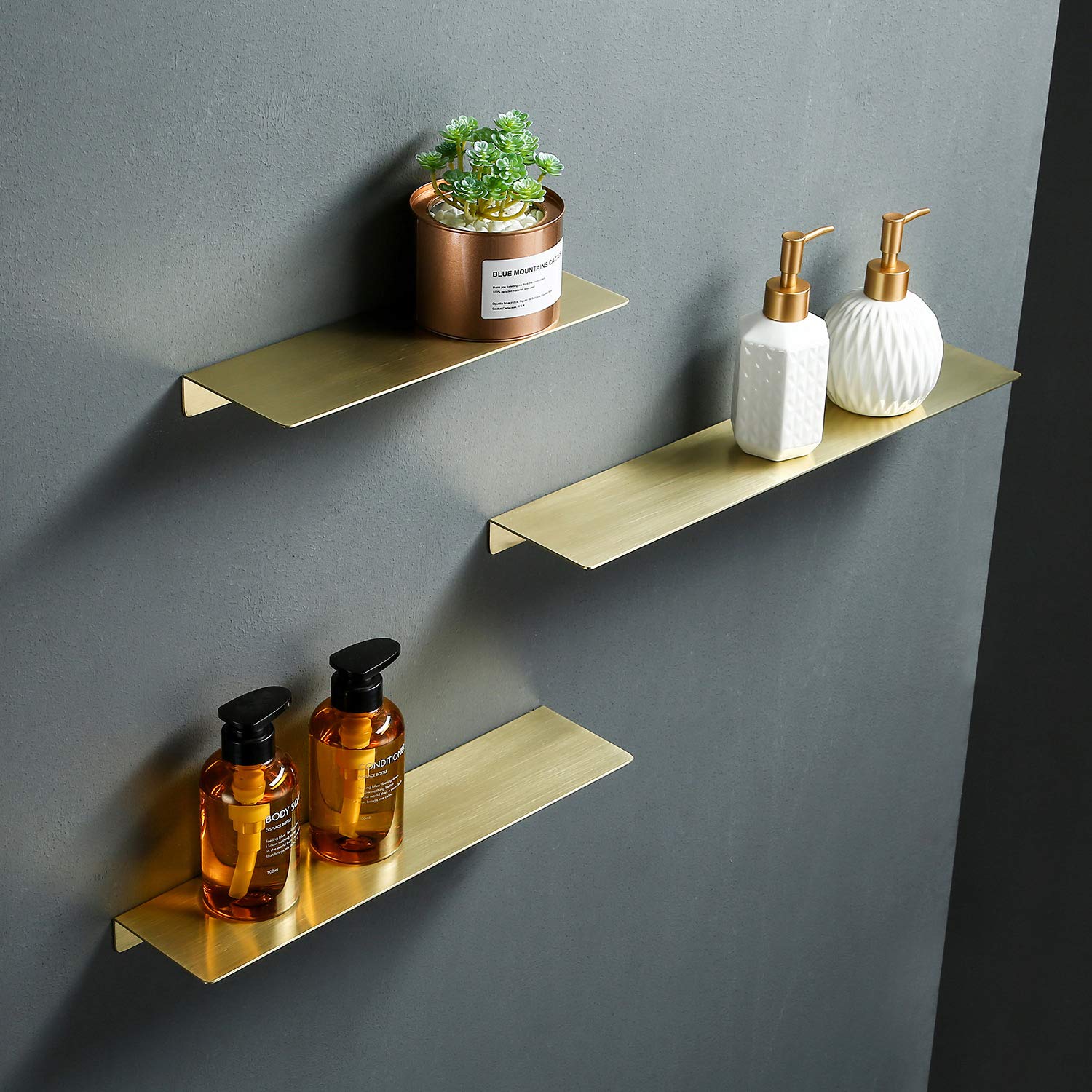TRUSTMI Brushed Gold Floating Shelf - 16x4 Inch Rustproof Stainless Steel Wall Mounted Shelf for Bathroom, Kitchen, Bedroom & Living Room - Heavy Duty Storage Solution for Towels, Decor & Essentials (SUS304 Brushed Brass Finish)