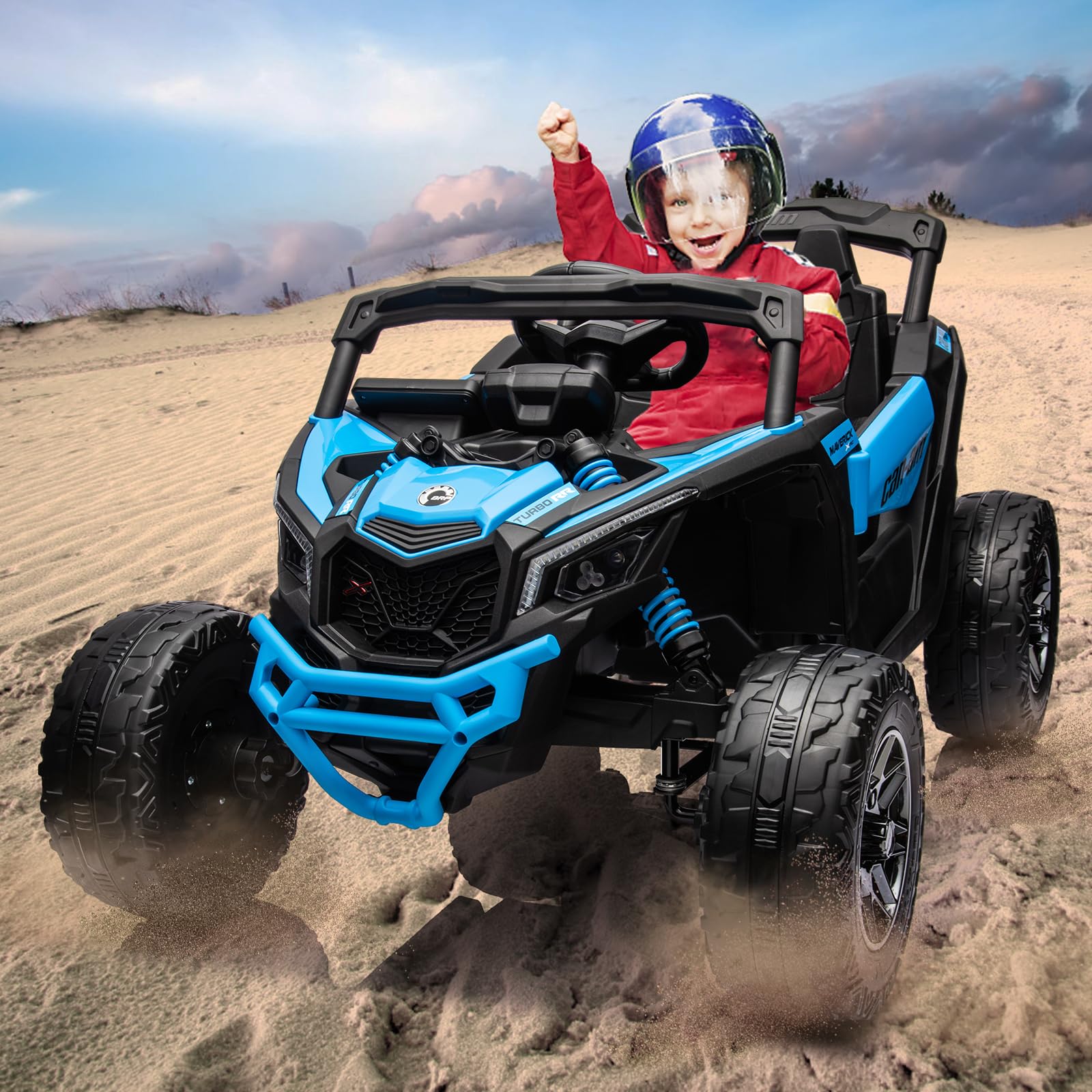 GARVEE 12V Kids Ride On UTV with Remote Control - Large Seat, LED Lights & Music - Spring Suspension Electric Car for Boys and Girls (Blue) - Perfect for Outdoor Play, Backyard Adventures & Birthday Gifts