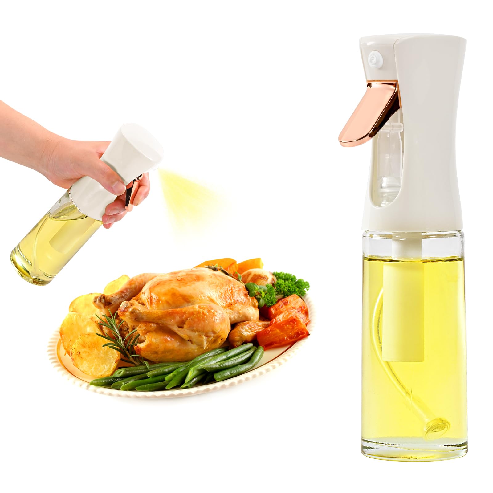 Premium Glass Oil Sprayer for Cooking & Baking - 220ml (7.4 oz) Olive Oil Mister Bottle for Air Fryer, Grilling, Salad Dressings - Perfect for Healthy Meal Prep & Kitchen Use (White)