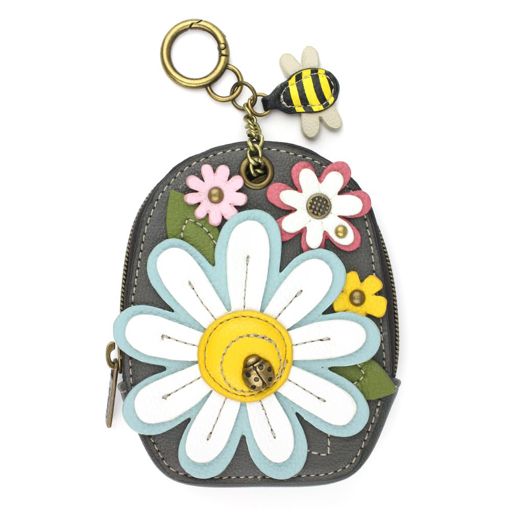 CHALA Mini Coin Purse Keychain for Women - RFID Blocking Card Holder & Small Wallet with Daisy Design (Gray) - Perfect for Keys, Cards, and Coins - Ideal for Travel, Shopping, and Everyday Use