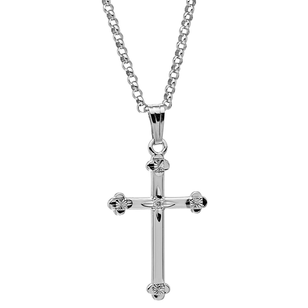 14K Diamond Sterling Silver Budded Cross Pendant Necklace for Women - Elegant Religious Jewelry Gift for Baptism, Confirmation & Everyday Wear