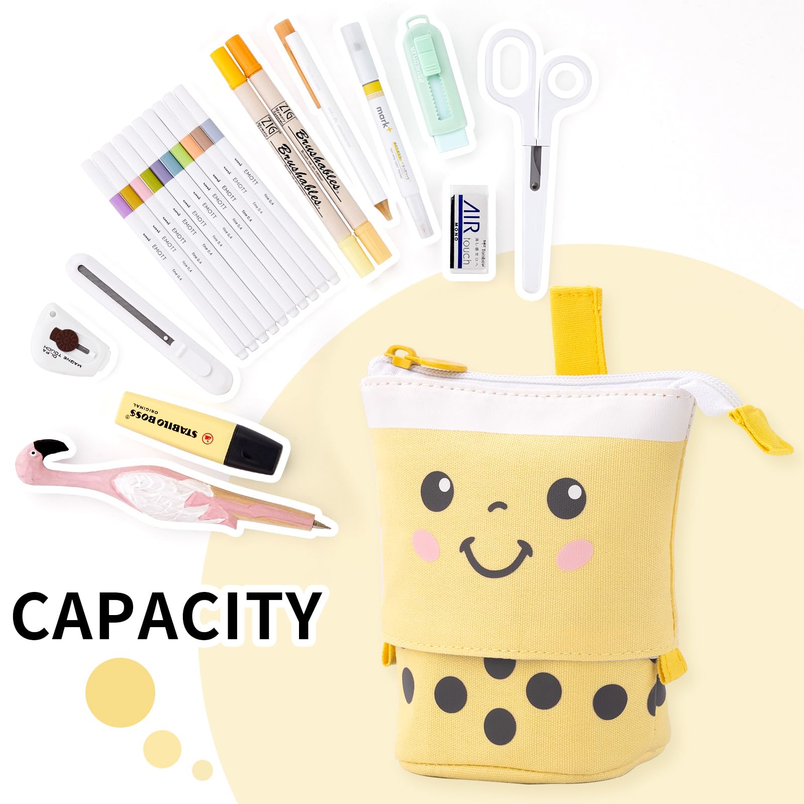 ANGOOBABY Cute Pencil Case & Makeup Bag - Pop Up Cosmetic Organizer with Kawaii Smile Face, Telescopic Design for Pens, Stationery & Beauty Products - Perfect for School, Office & Travel (Yellow)