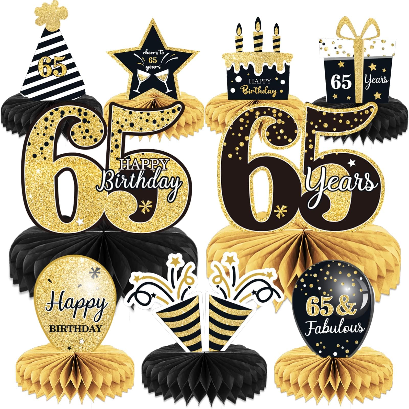 65th Birthday Decorations Set - 9 Piece Honeycomb Table Toppers & Centerpieces for Men & Women | Cheers to 65 Years Party Supplies | Perfect for Milestone Celebrations, Retirement Parties & Anniversary Events