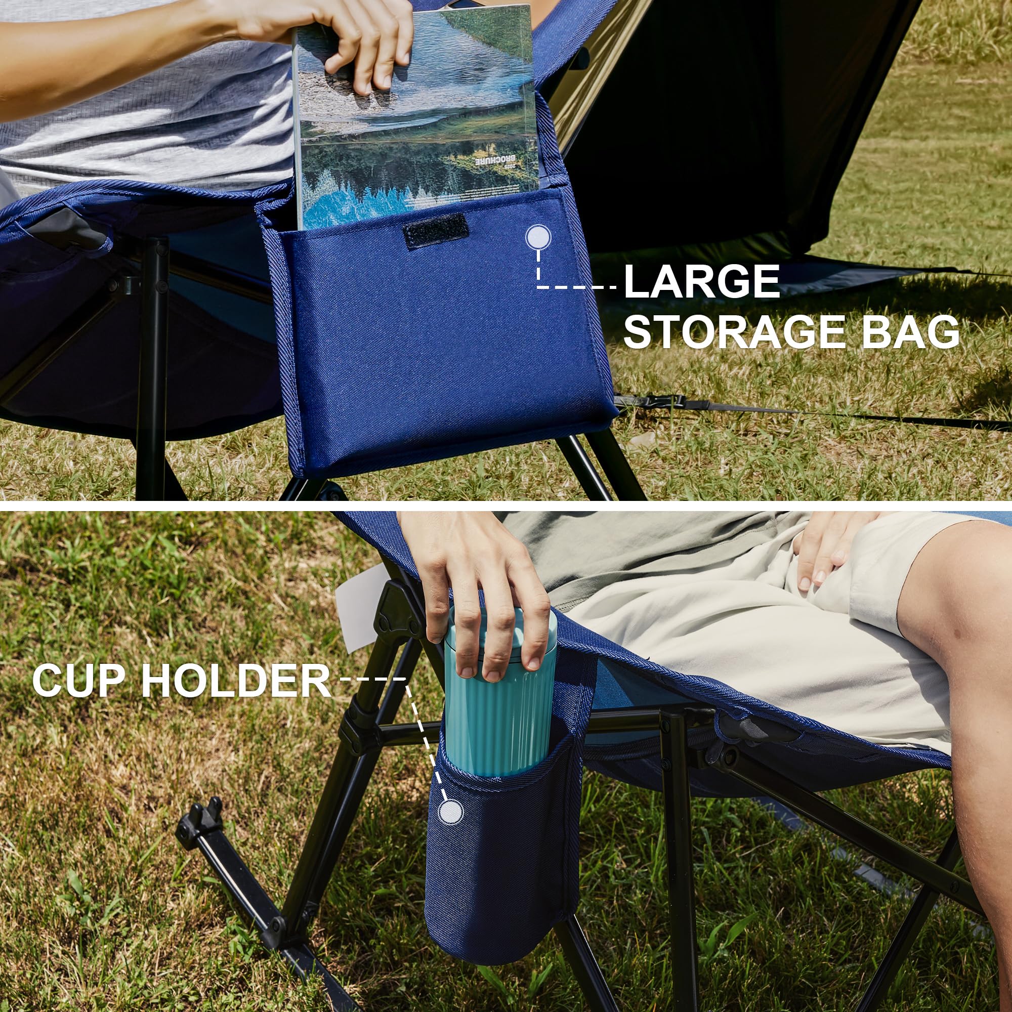 Heavy Duty Oversized Portable Folding Camping Chair with High Back & Side Cup Holders - Blue Outdoor Rocking Chair for Beach, Fishing, Picnic, Concert, Lawn & Travel - Perfect for Relaxing in Backyard, Camping Trips & Outdoor Events