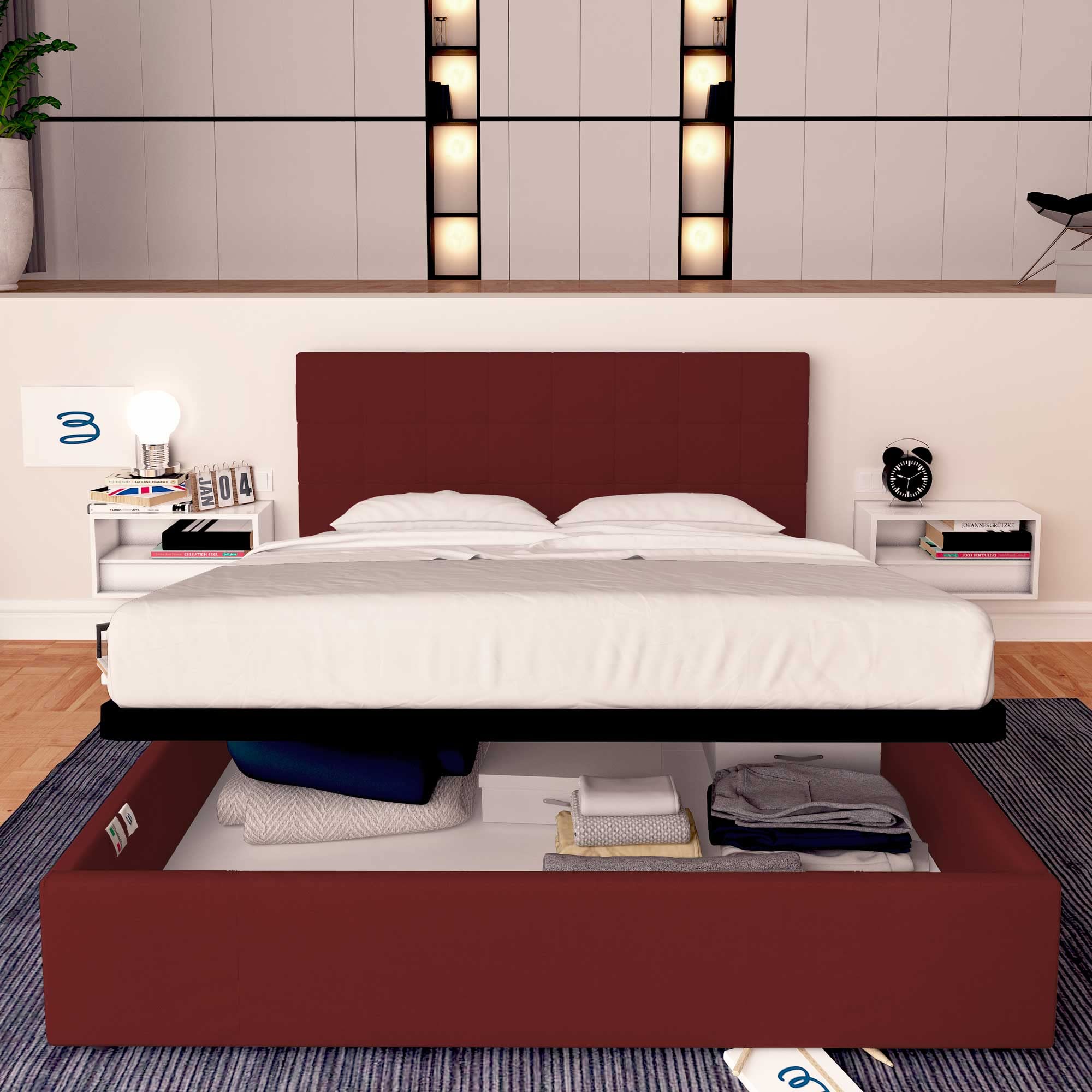 Baldiflex Single Bed with Storage - Synthetic Leather Dublin Model, Slatted Base for Single Mattress, 180 x 190 cm, Elegant Headboard, Burgundy Color - Perfect for Small Bedrooms, Guest Rooms & Studio Apartments
