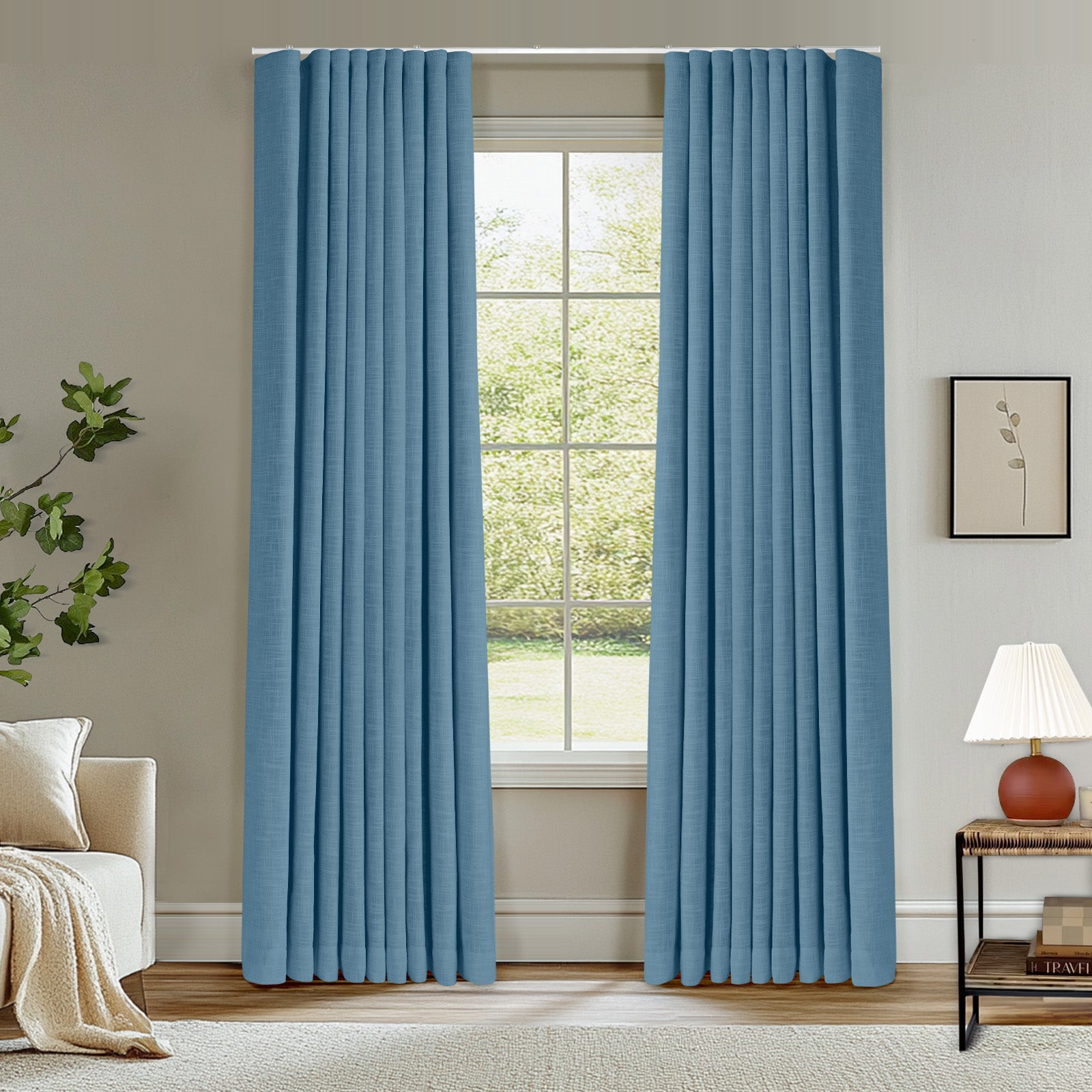 Blackout Curtains - Ripple Fold Lille Linen Memory Fabric Custom Drapes with Ceiling Track | Light Khaki | Noise Reducing & Room Darkening for Bedroom, Living Room & Nursery