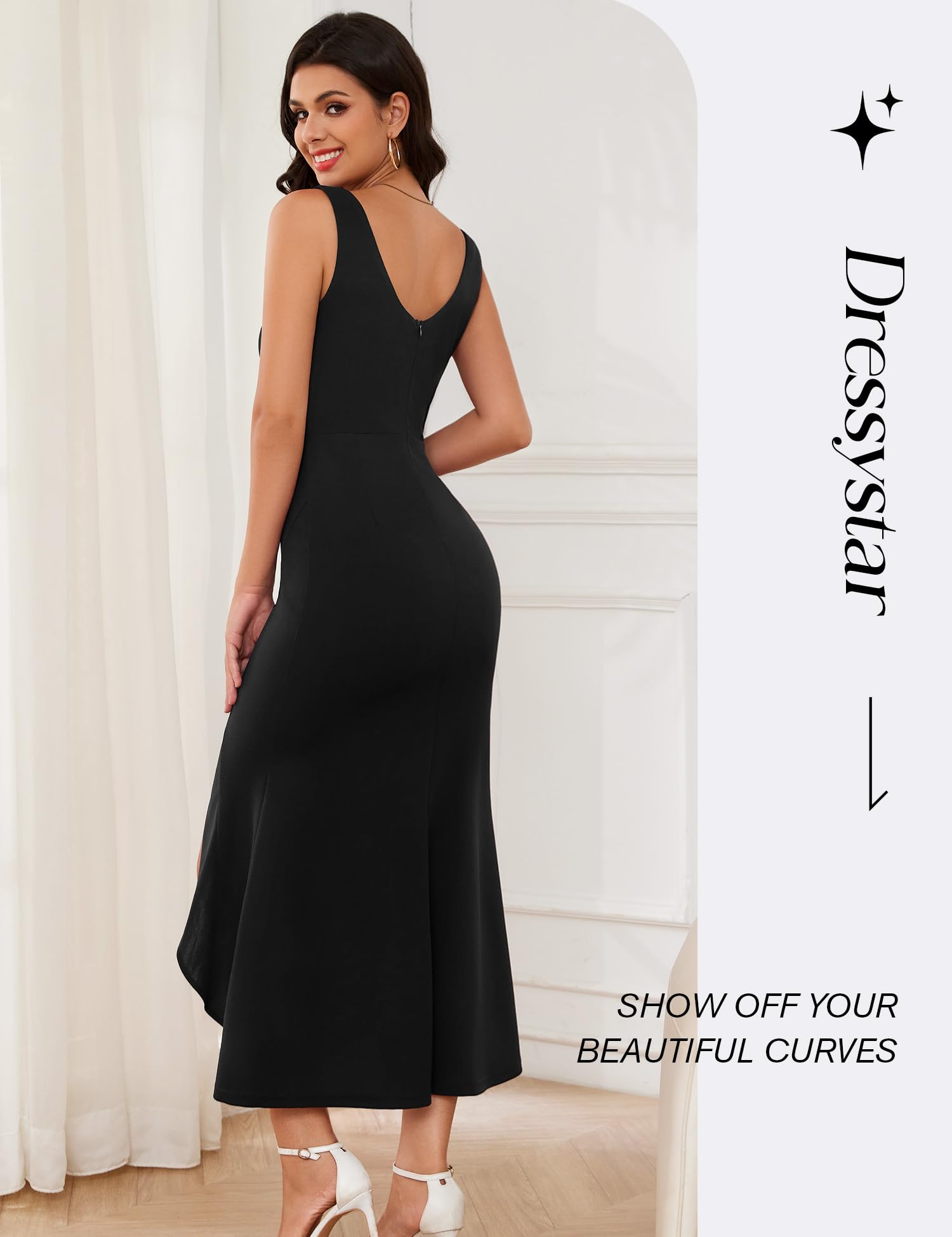 Elegant Square Neck Bodycon Dress for Women - Sleeveless Ruffled Cocktail Dress with Slit, Perfect for Wedding Guest, Evening Party, Prom & Formal Events