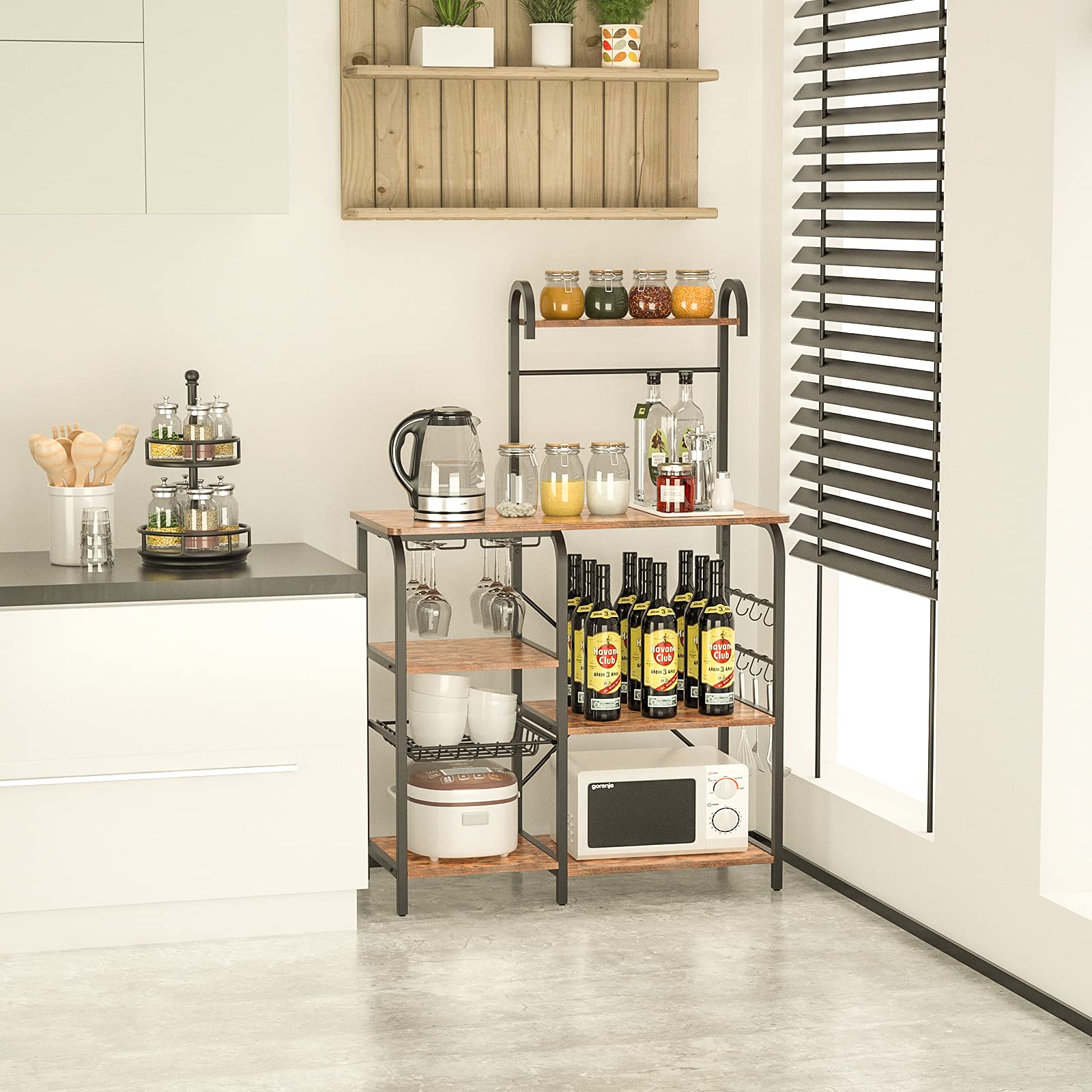 Vintage 3-Tier + 4-Tier Kitchen Shelf Microwave Rack with 6 S-Hooks, Wine Glass Rack & Pull-Out Mesh Basket - Space Saving Storage Organizer for Spices, Utensils & Office Supplies - Perfect for Small Kitchens, Apartments & Dorm Rooms