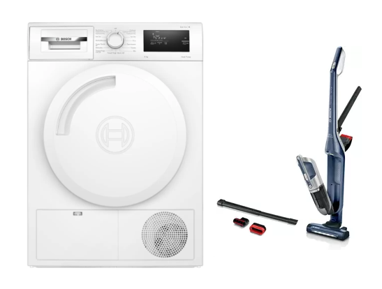 Bosch WTH83028SG 8kg Heat Pump Dryer & BBH3K2800 Handstick Vacuum Cleaner - Energy Efficient Laundry & Home Cleaning Combo for Apartments and Small Spaces