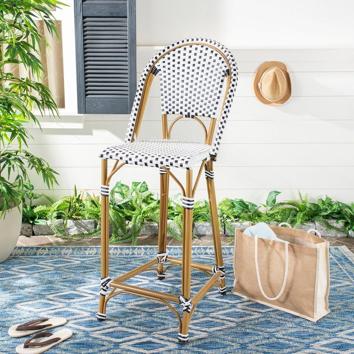 Black and White Riviera Outdoor Patio Bistro Bar Stool - Waterproof Wicker Dining Chair for Garden, Poolside, and Restaurant Use