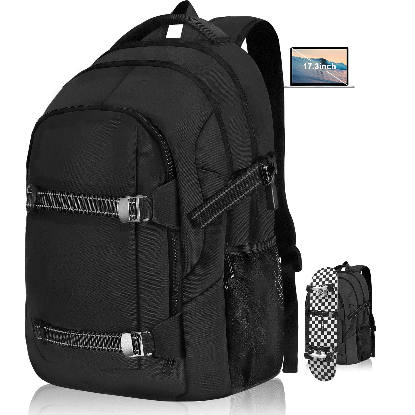 17 Inch Anti-Theft Skateboard Backpack with USB Charging Port - Waterproof Laptop Backpack for Men & Women, Slim Travel Business Backpack, College School Bookbag, Tech Daypack for Commuting, Work & Outdoor Activities - Black