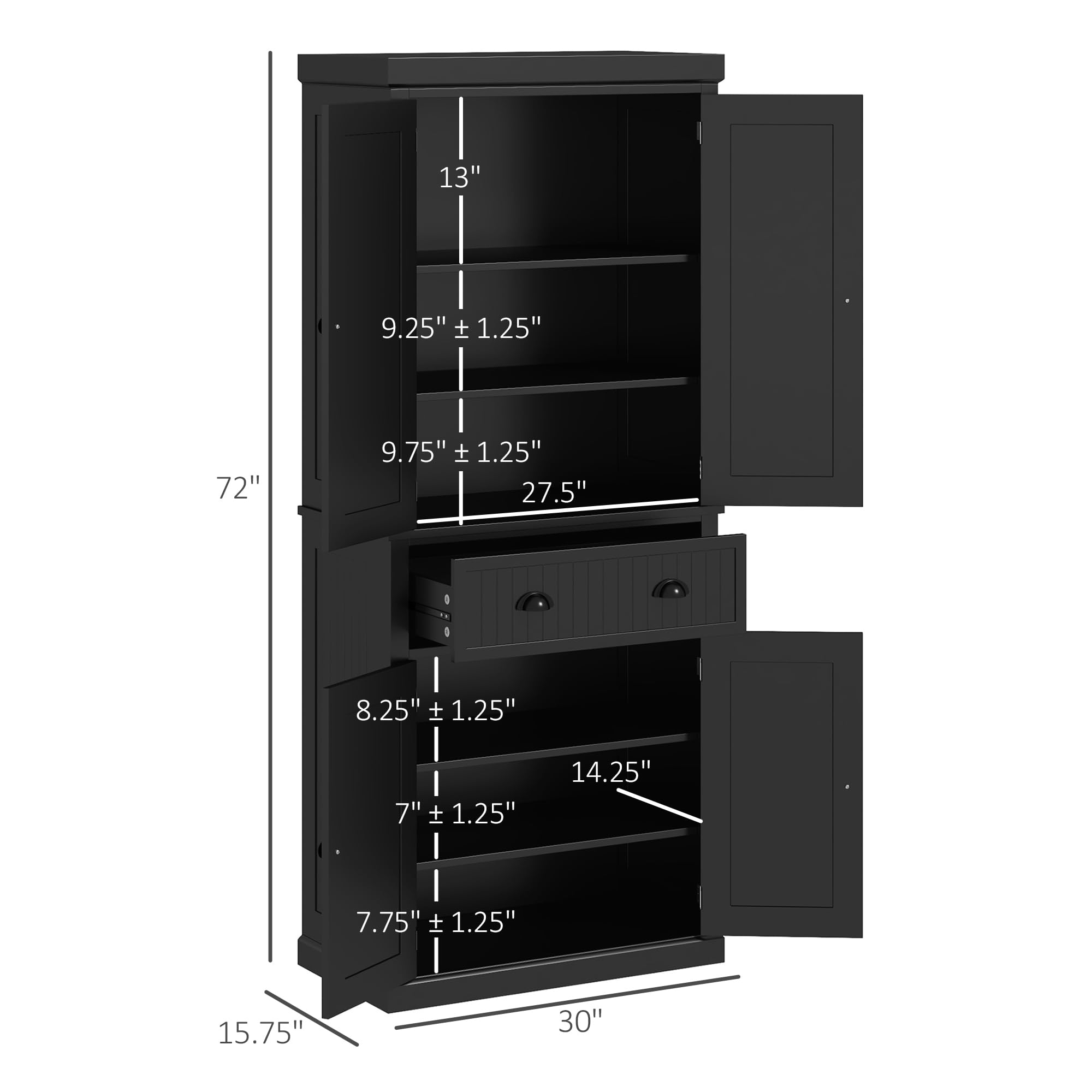 HOMCOM 72 Inch Traditional Kitchen Pantry Cabinet - Freestanding Tall Storage Cabinet with 4 Doors, Drawer & 3 Adjustable Shelves - Black - Perfect for Dining Room, Kitchen, or Pantry Organization