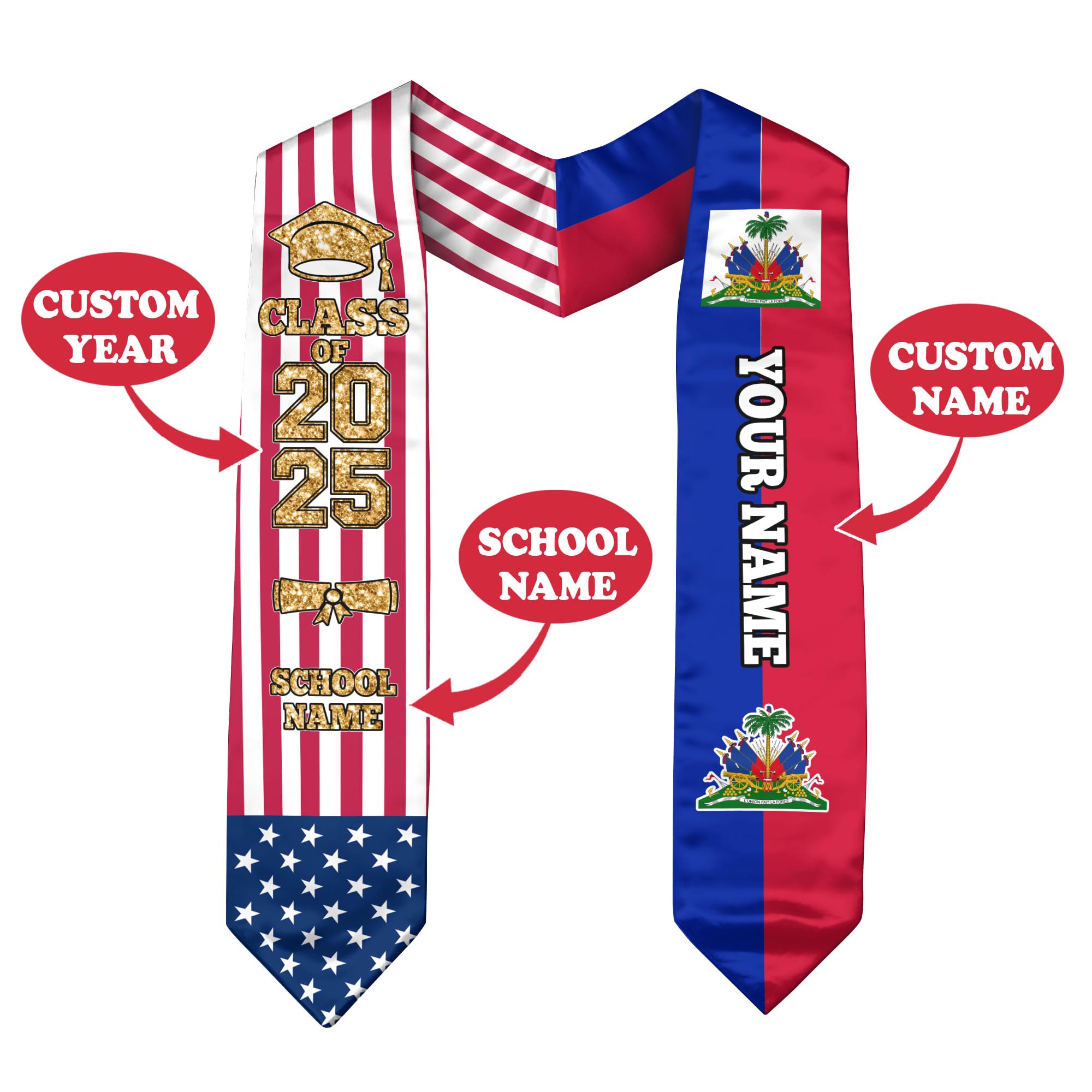 Custom Haiti Flag Graduation Stole & Sash 2025 - Personalized Haitian American Graduation Accessory for Ceremonies, Parties & Celebrations