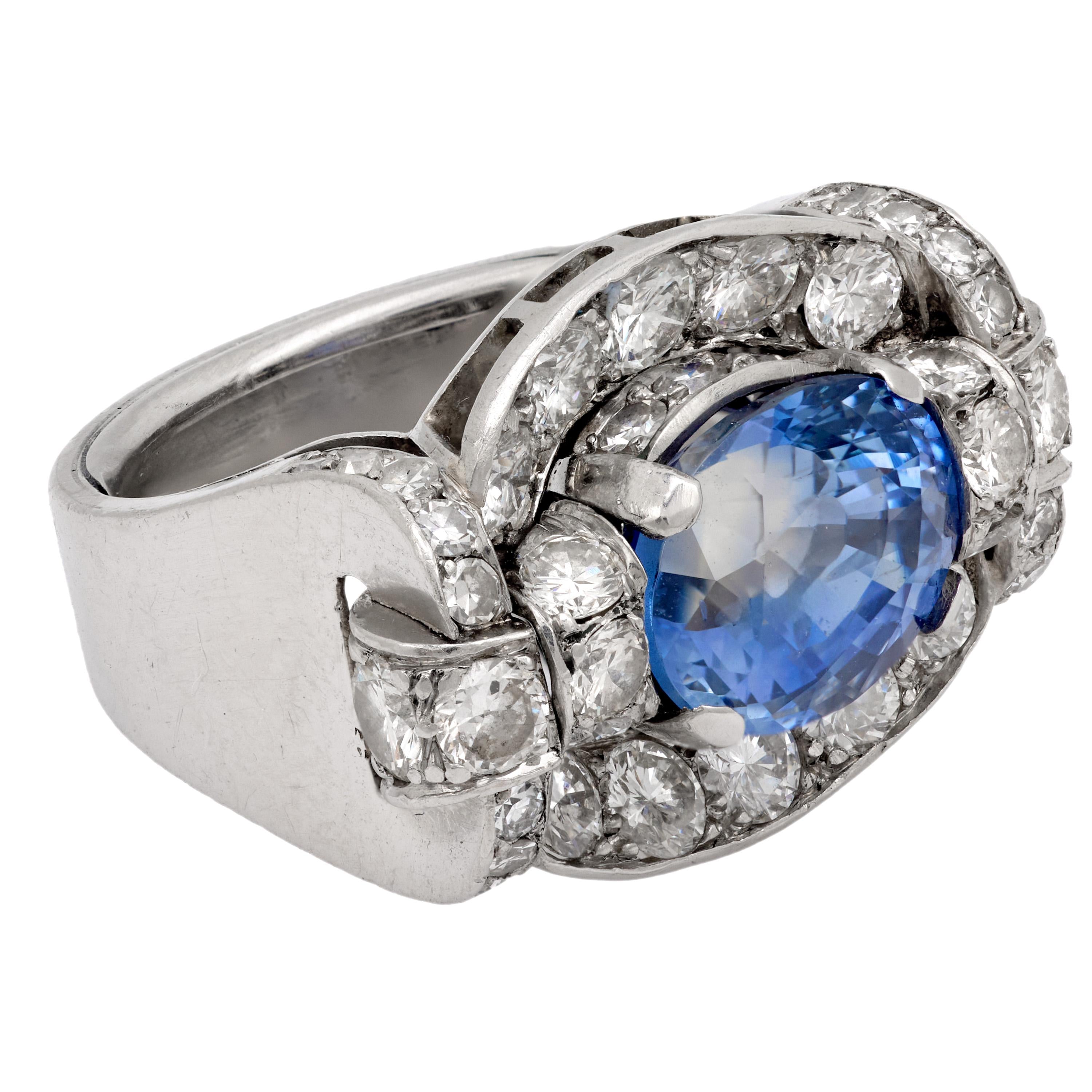 4.55 Carat GIA Certified No Heat Sapphire & Diamond Platinum Tank Ring - Vintage Mid Century Style for Weddings & Special Occasions