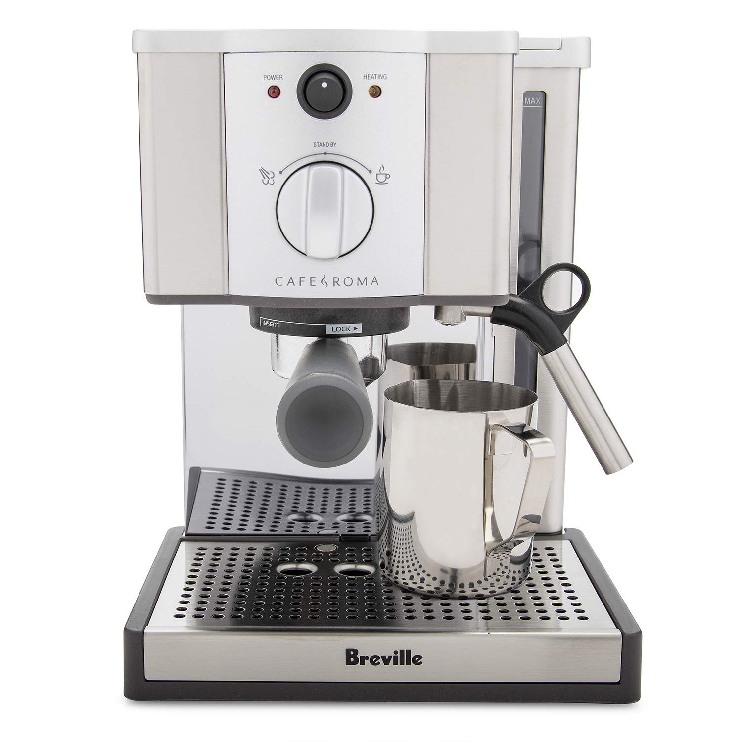 Breville ESP8XL Cafe Roma Stainless Steel Espresso Machine - 15 Bar Pump, Milk Frother, Compact 9x9x12 Inches for Home & Office Use - Silver