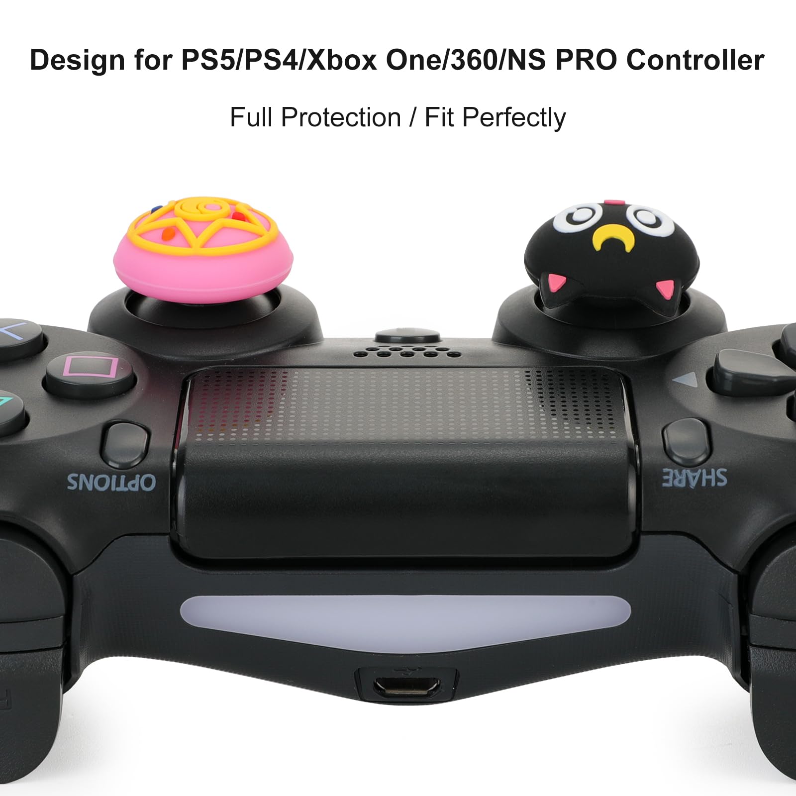**Anime Thumb Grip Caps for PS5/PS4/Xbox One/360/Nintendo Switch Pro Controller - Soft Silicone Joystick Cover with Magic Anime Theme (Black Luna) - Perfect for Gaming Comfort & Style**