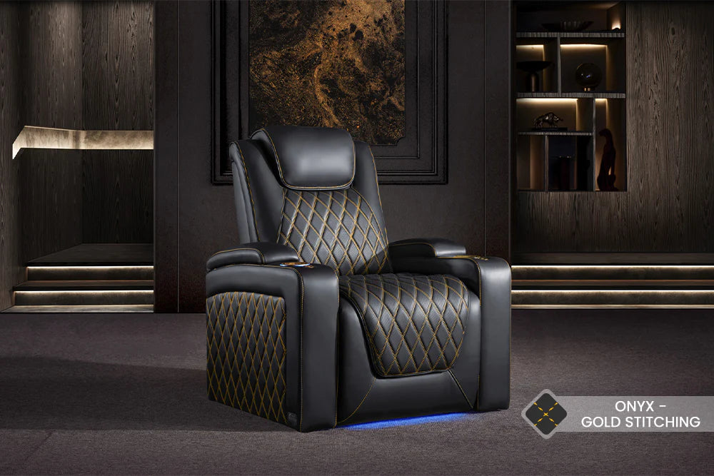 Valencia 2025 Oslo Premium Leather Home Theater Seating - Set of 6 Recliners with Onyx Upholstery & Gold Stitching | Perfect for Home Cinemas, Media Rooms & Luxury Home Theaters