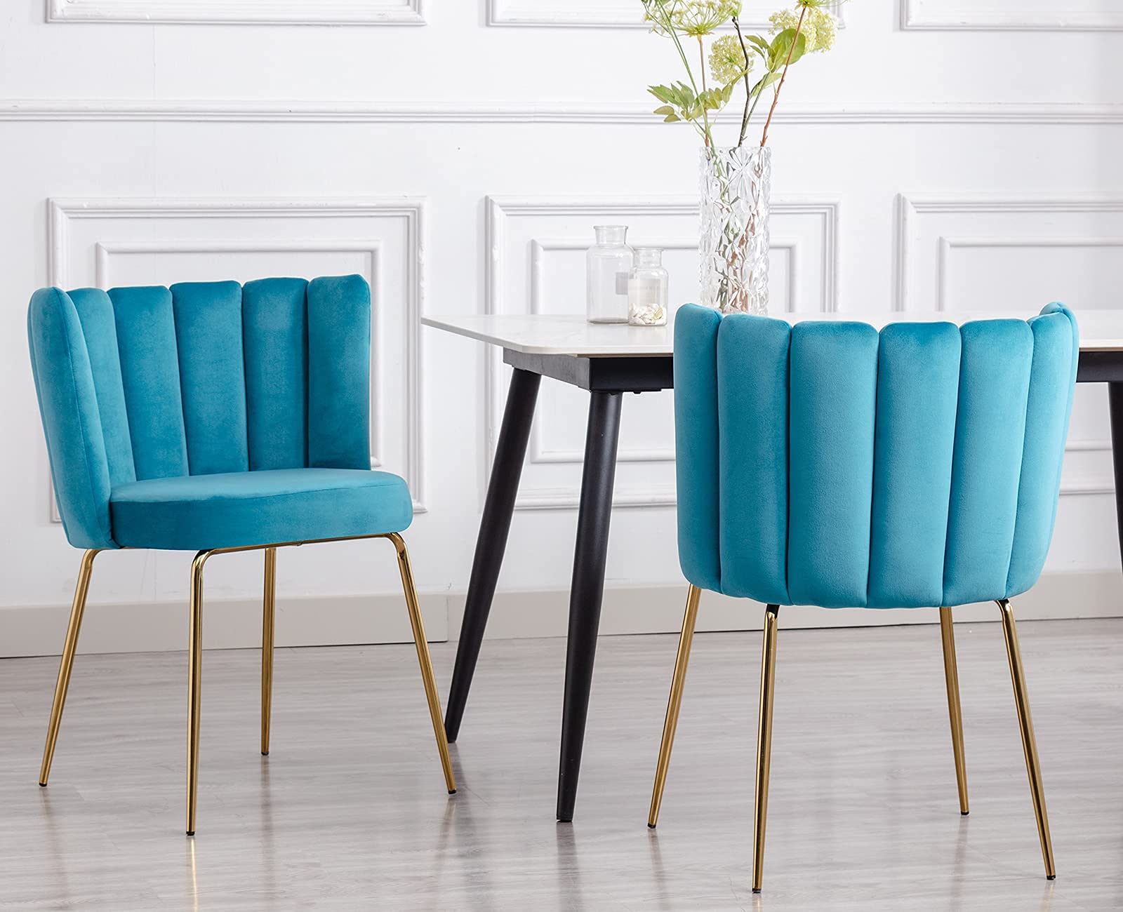 Velvet Dining Chairs Set of 2 - Modern Upholstered Accent Chairs with Gold Metal Legs for Kitchen, Living Room & Dining Room - Lake Blue Velvet Side Chairs for Home Decor, Dinner Parties & Cozy Seating