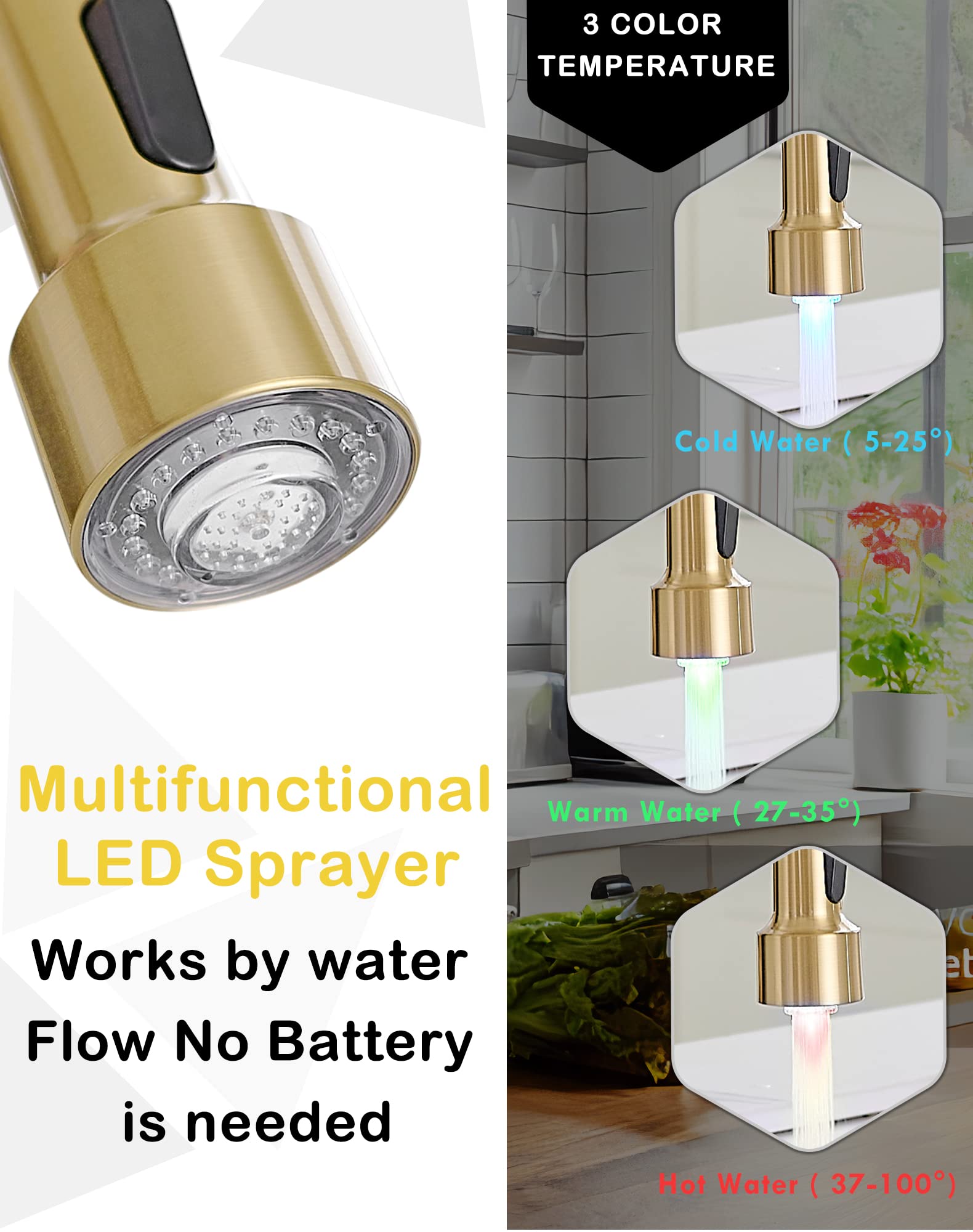 GIMILI Brushed Gold Kitchen Faucet with Pull Down Sprayer & LED Light for Modern Kitchens