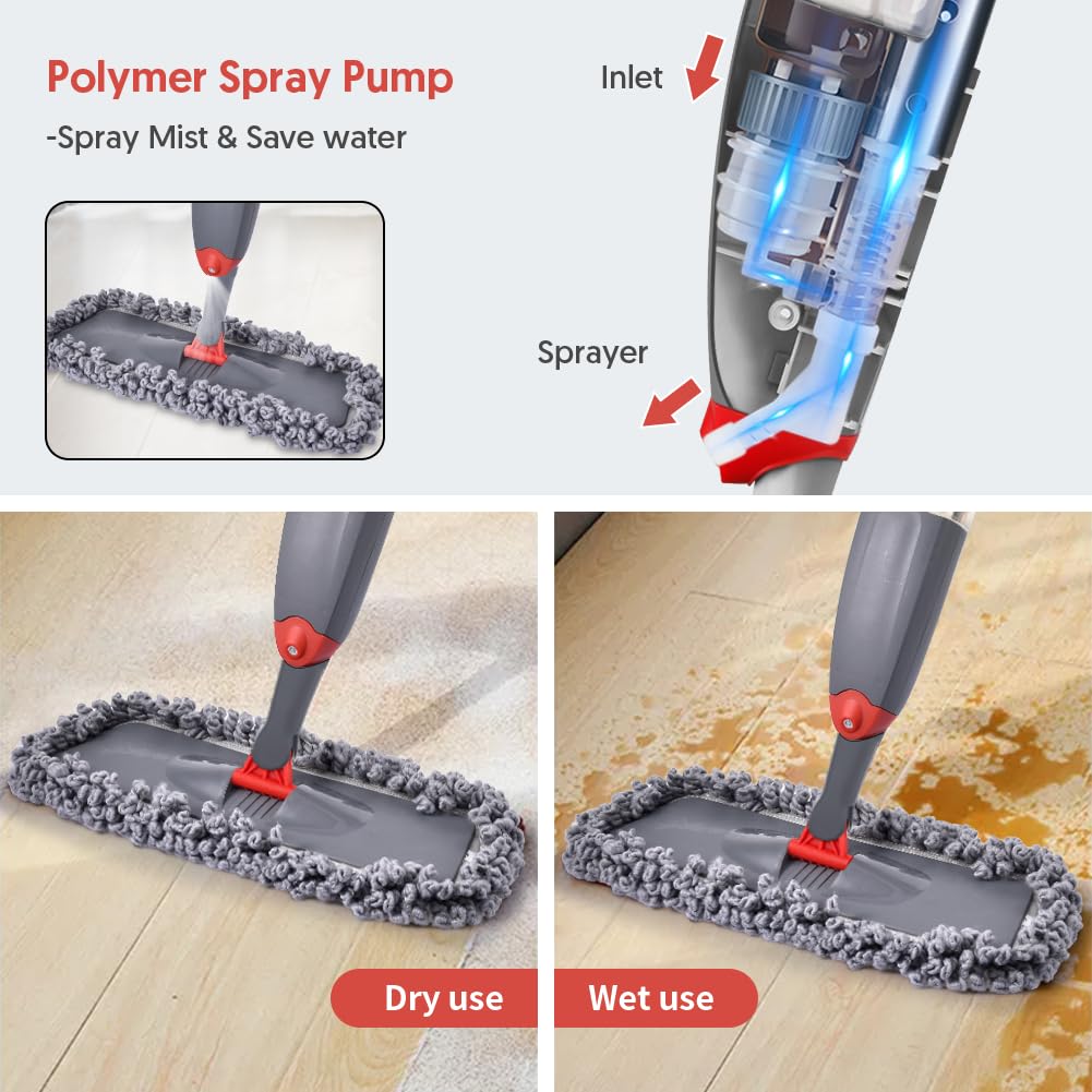 Domi-patrol Spray Mop for Hardwood Floors - Microfiber Wet Dry Mop with 8 Washable Pads & Refillable Bottle - Perfect for Tile, Laminate & Hardwood Floor Cleaning - Ideal for Kitchen, Bathroom & Living Room Cleaning