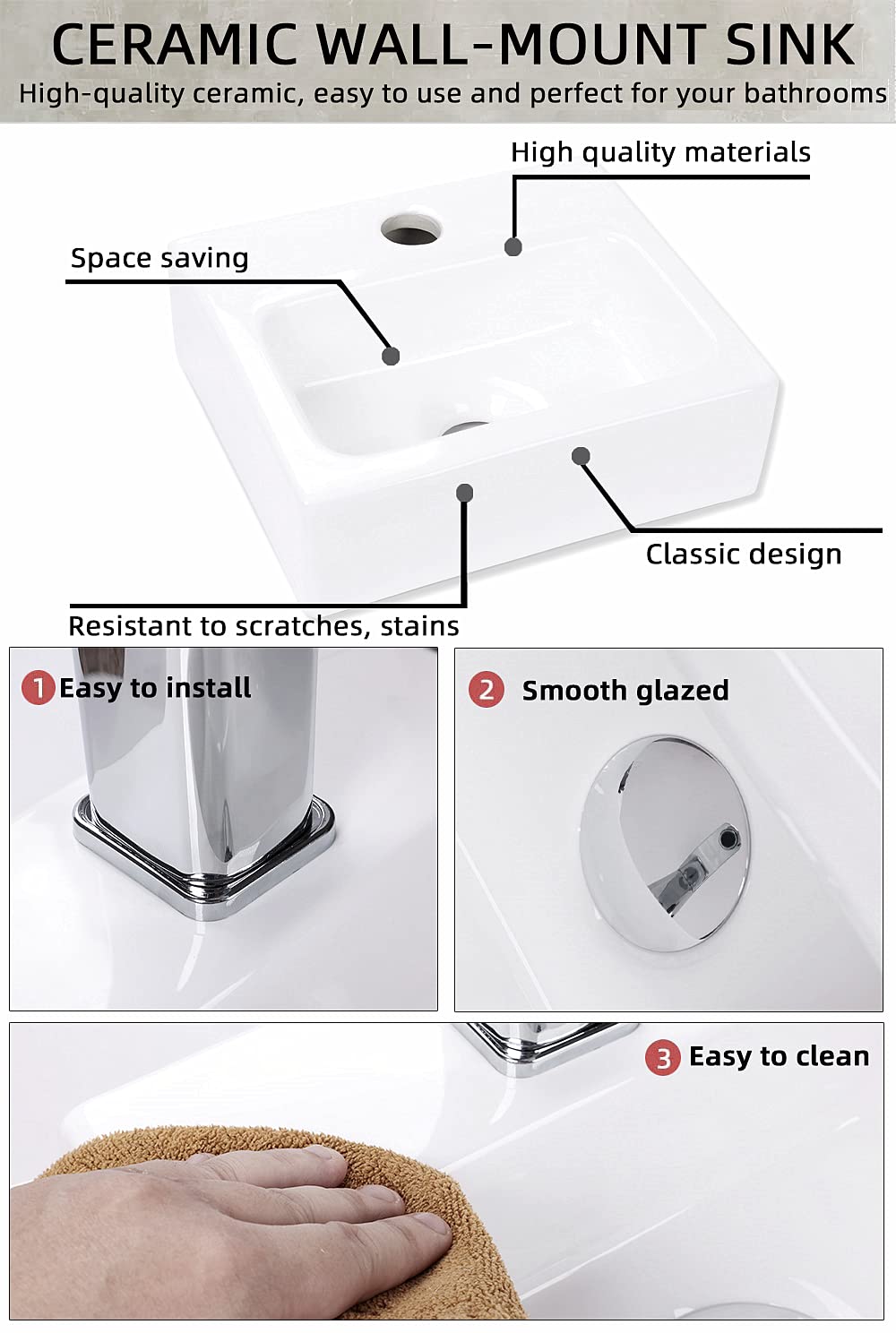 Wall Mount Ceramic Vessel Sink - 11x10 Inch Rectangular Bathroom Sink with Classic Design, Space-Saving Liberty Style - Perfect for Small Bathrooms, Powder Rooms & Modern Vanities