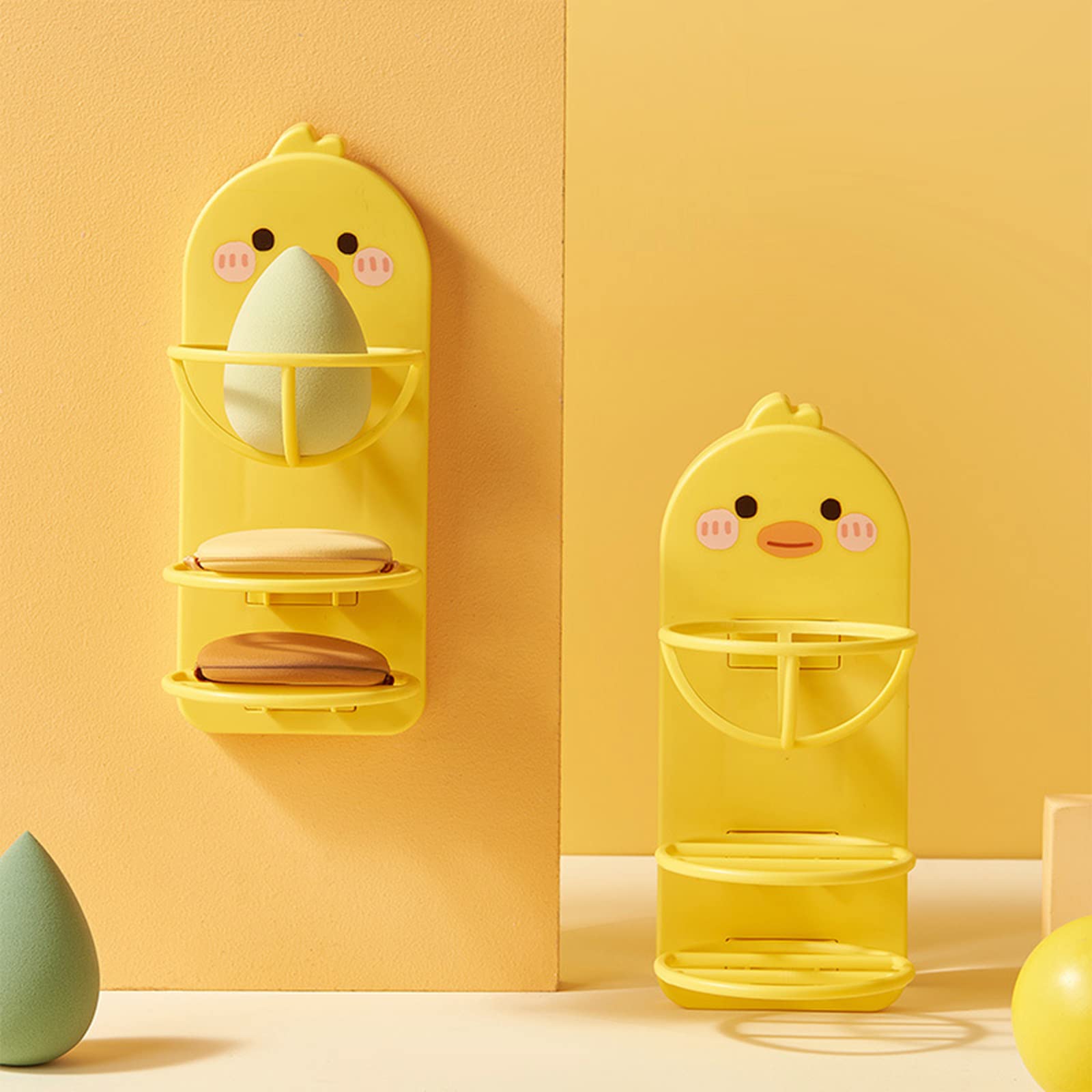 2PCS Cute Duck Makeup Sponge Holder - Cartoon Animal Adhesive Bathroom Organizer, No Drilling Traceless Vanity Shelf for Beauty Blender, Egg Powder Puff Drying Stand & Storage | Perfect for Makeup Vanity, Bathroom Counter & Travel Cosmetic Organization